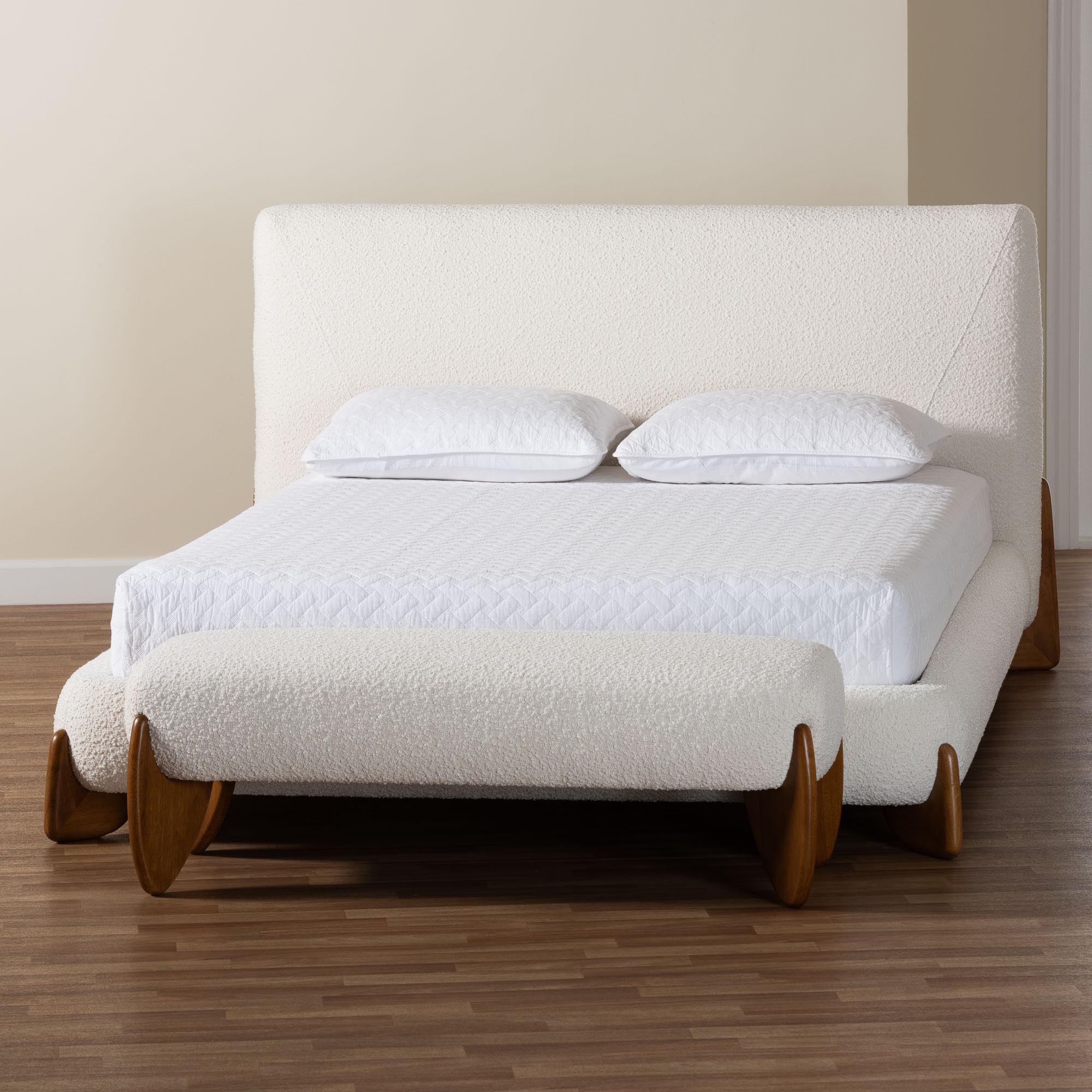 Baxton Studio Vinicio Mid-Century Modern Cream Boucle Queen Size 2-Piece Bedroom Set