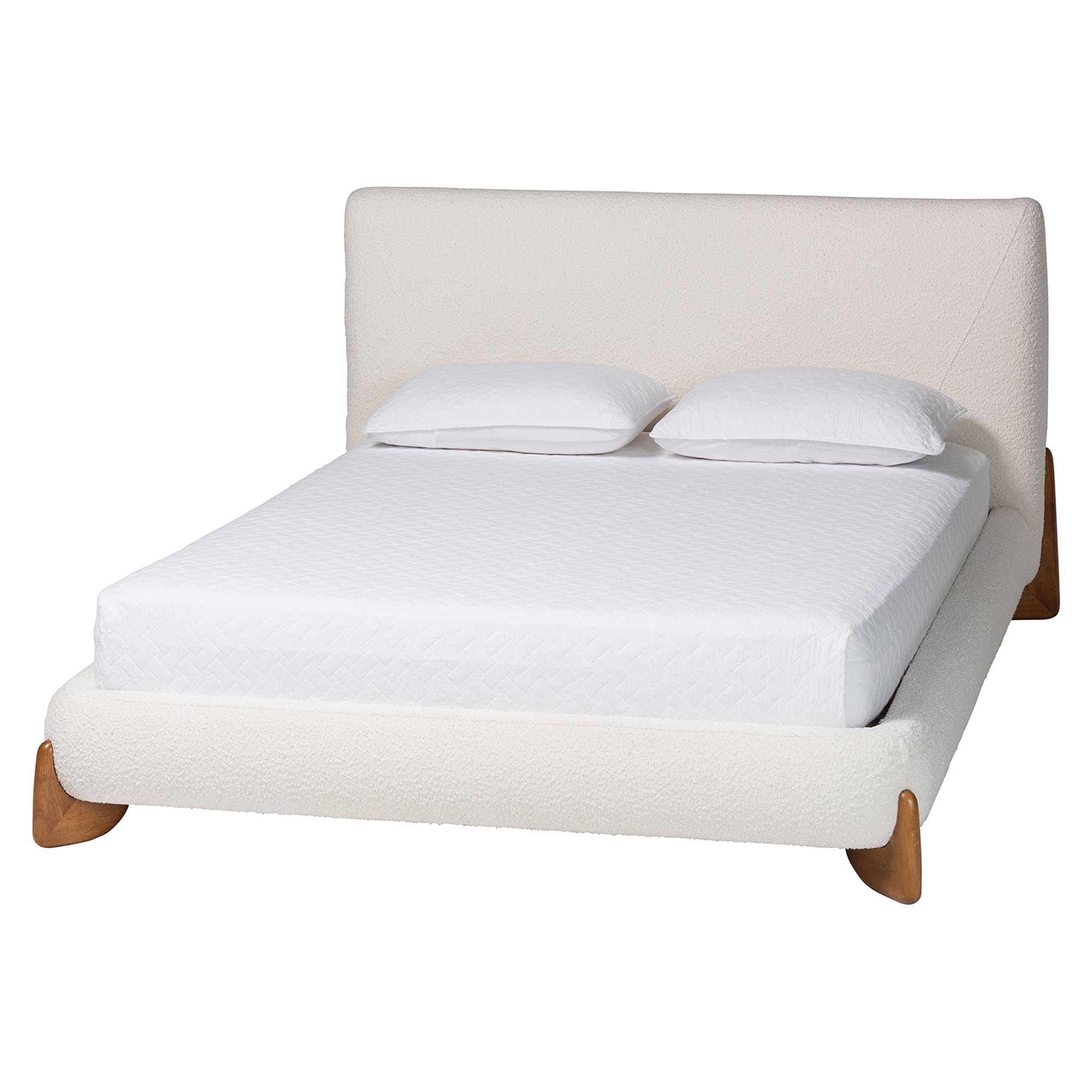 Baxton Studio Vinicio Mid-Century Modern Cream Boucle Queen Platform Bed