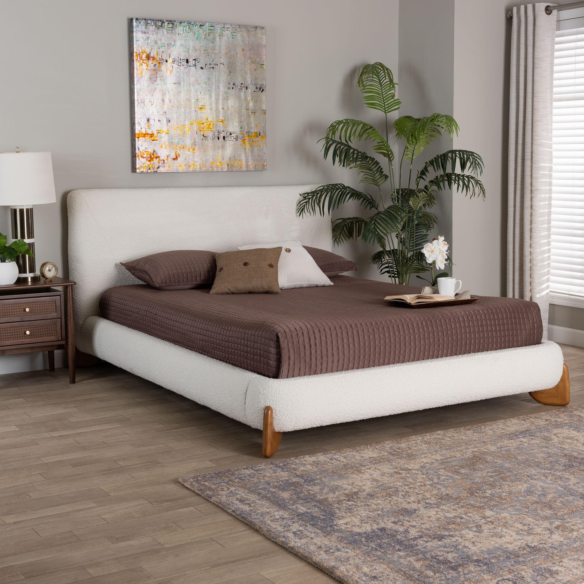 Baxton Studio Vinicio Mid-Century Modern Cream Boucle King Platform Bed