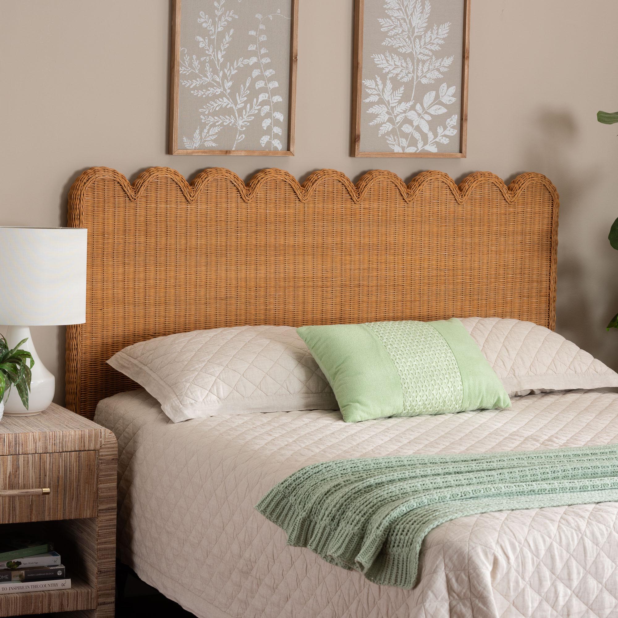 bali & pari Maritza Bohemian Light Honey Scalloped Rattan Pitrit King Standalone Headboard