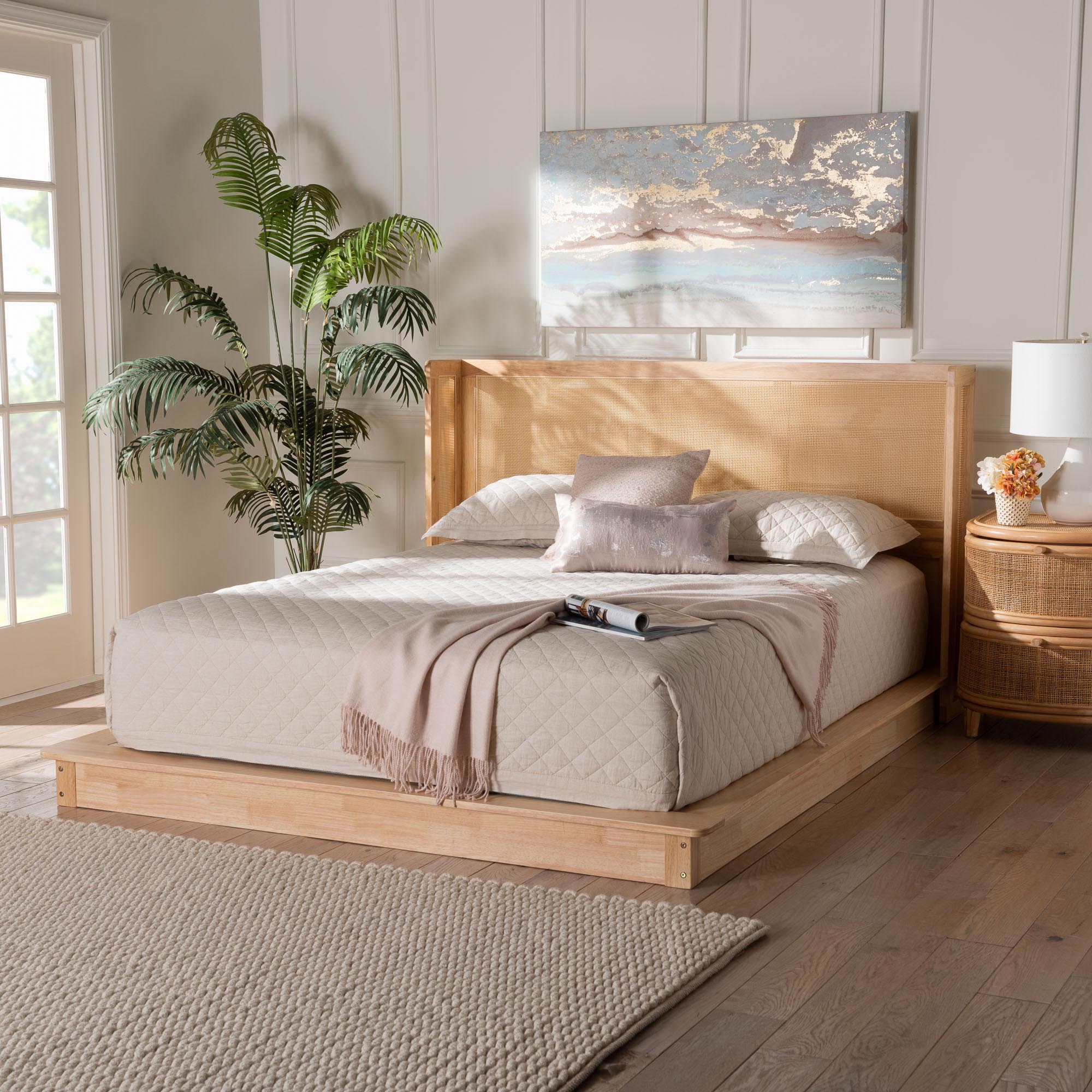 Baxton Studio Glennis Japandi Natural Brown Wood Queen Size Platform Bed with Woven Rattan