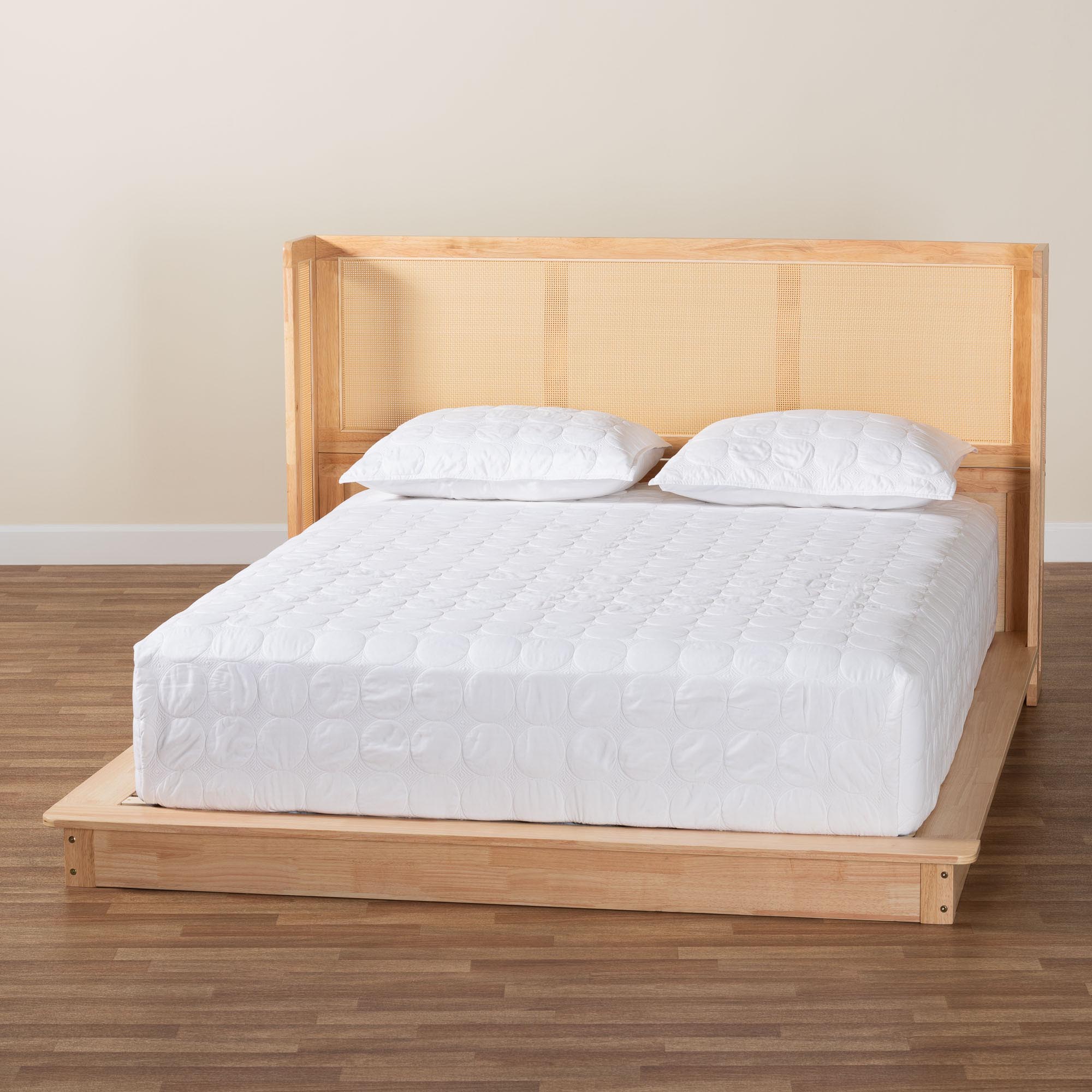 Baxton Studio Glennis Japandi Natural Brown Wood Queen Size Platform Bed with Woven Rattan