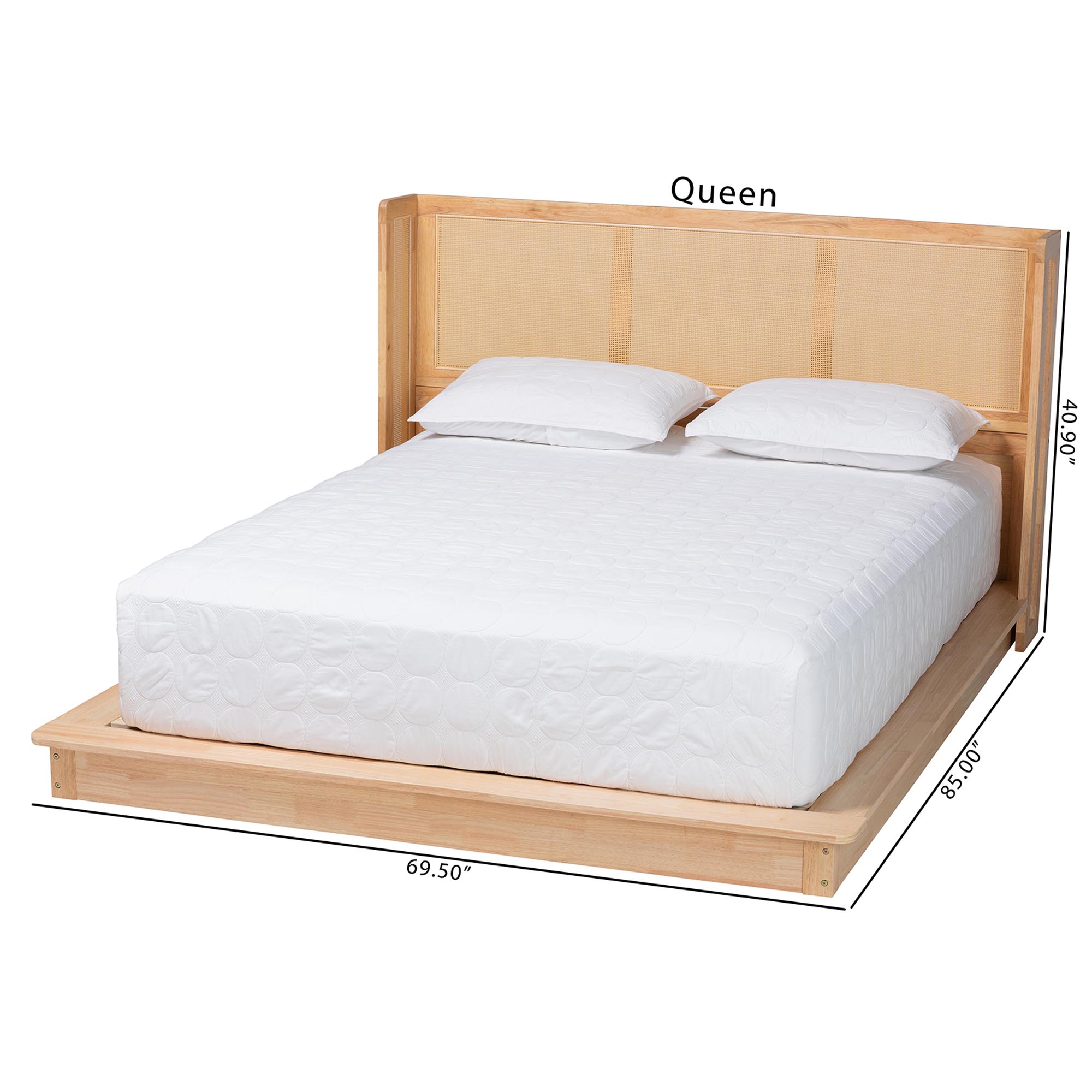 Baxton Studio Glennis Japandi Natural Brown Wood Queen Size Platform Bed with Woven Rattan