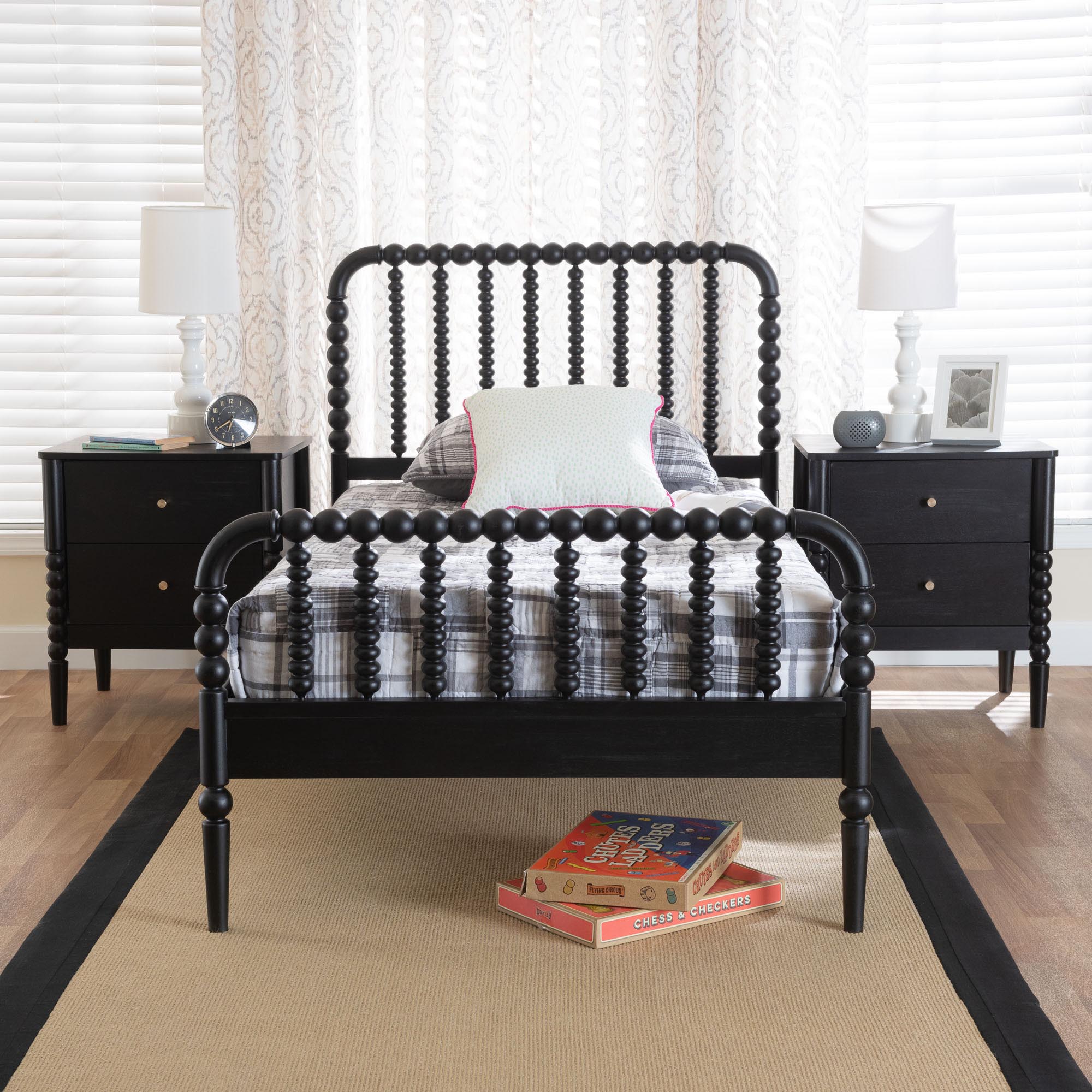 Baxton Studio Lucera Mid-Century Black Twin Size 3-Piece Bobbin Bedroom Set