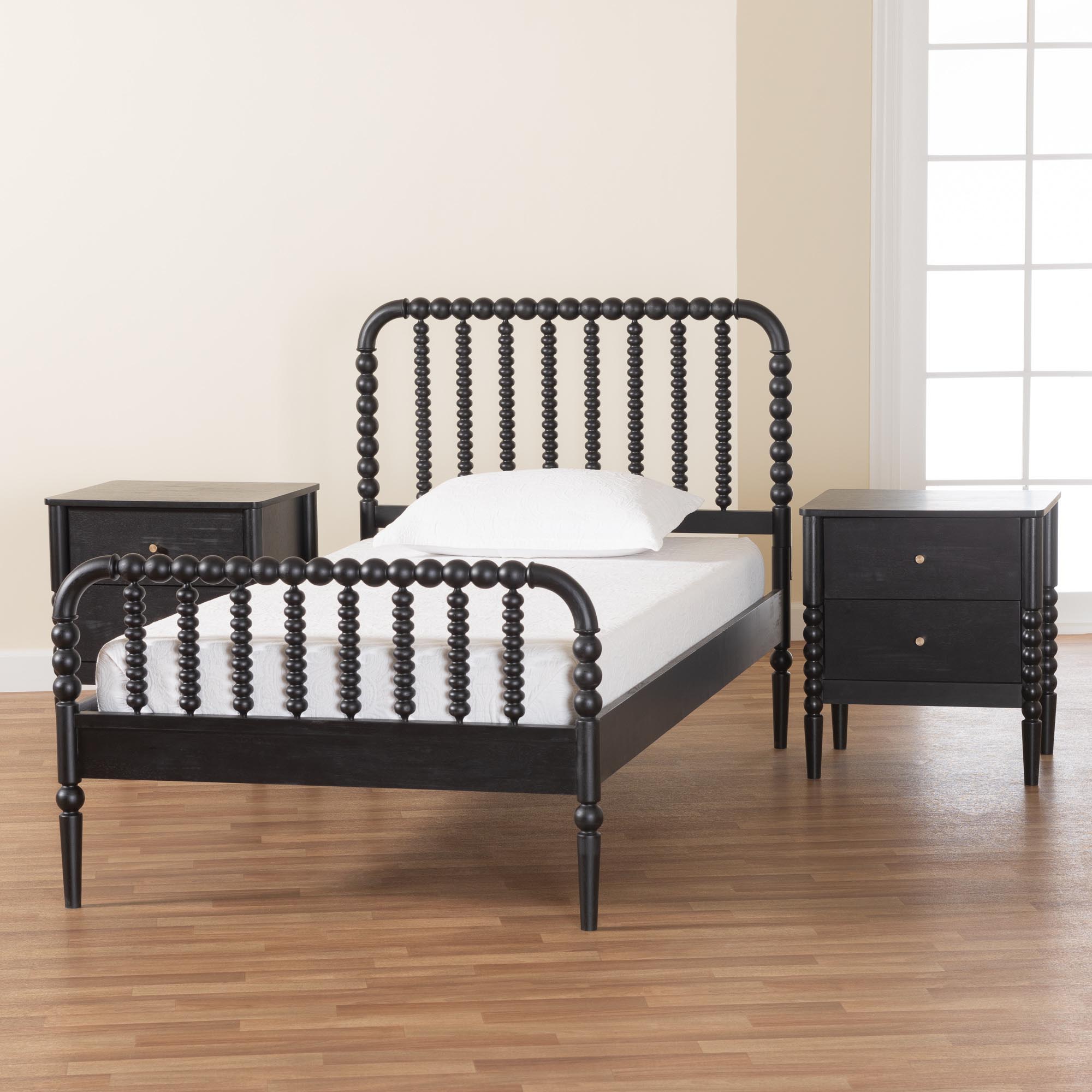 Baxton Studio Lucera Mid-Century Black Twin Size 3-Piece Bobbin Bedroom Set