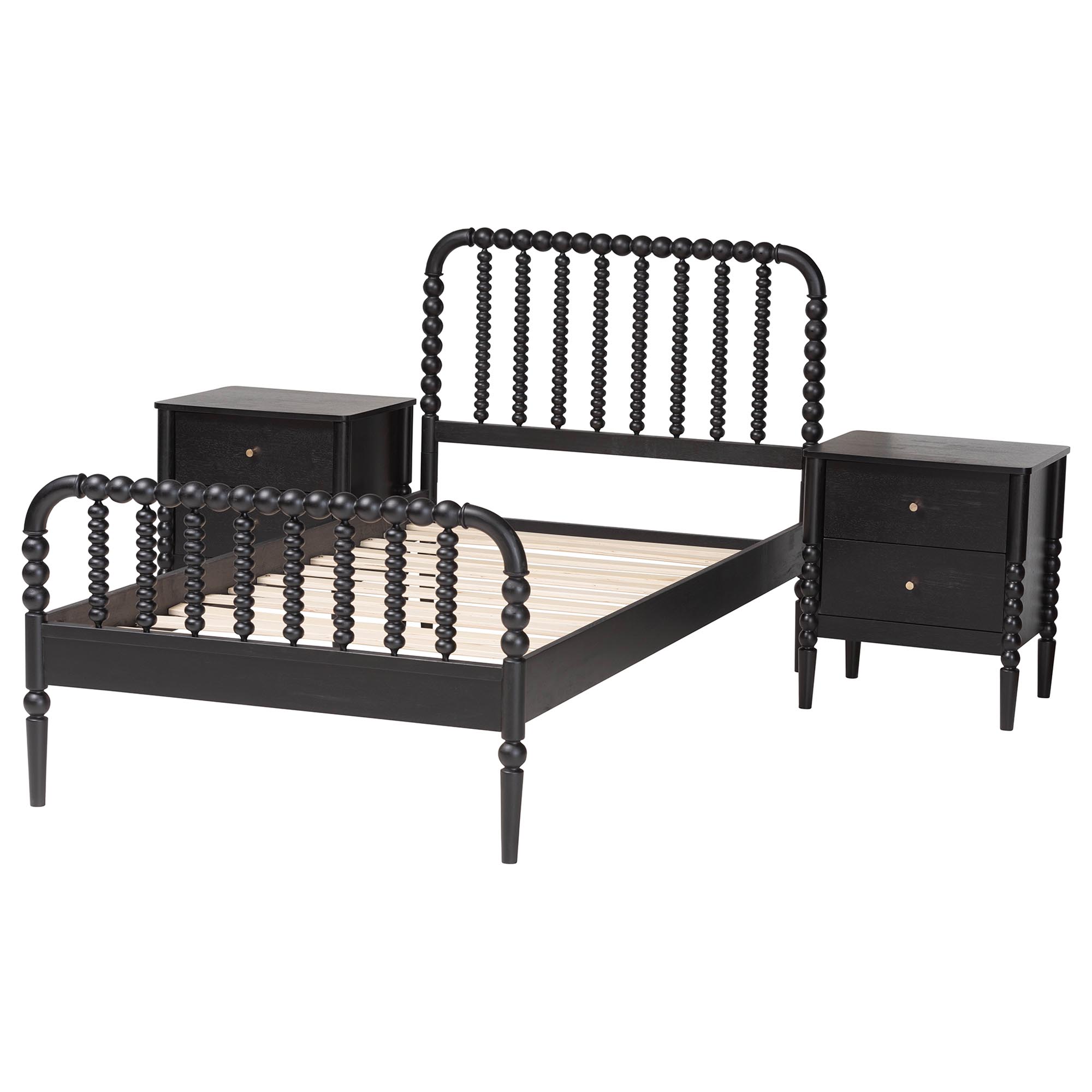 Baxton Studio Lucera Mid-Century Black Twin Size 3-Piece Bobbin Bedroom Set