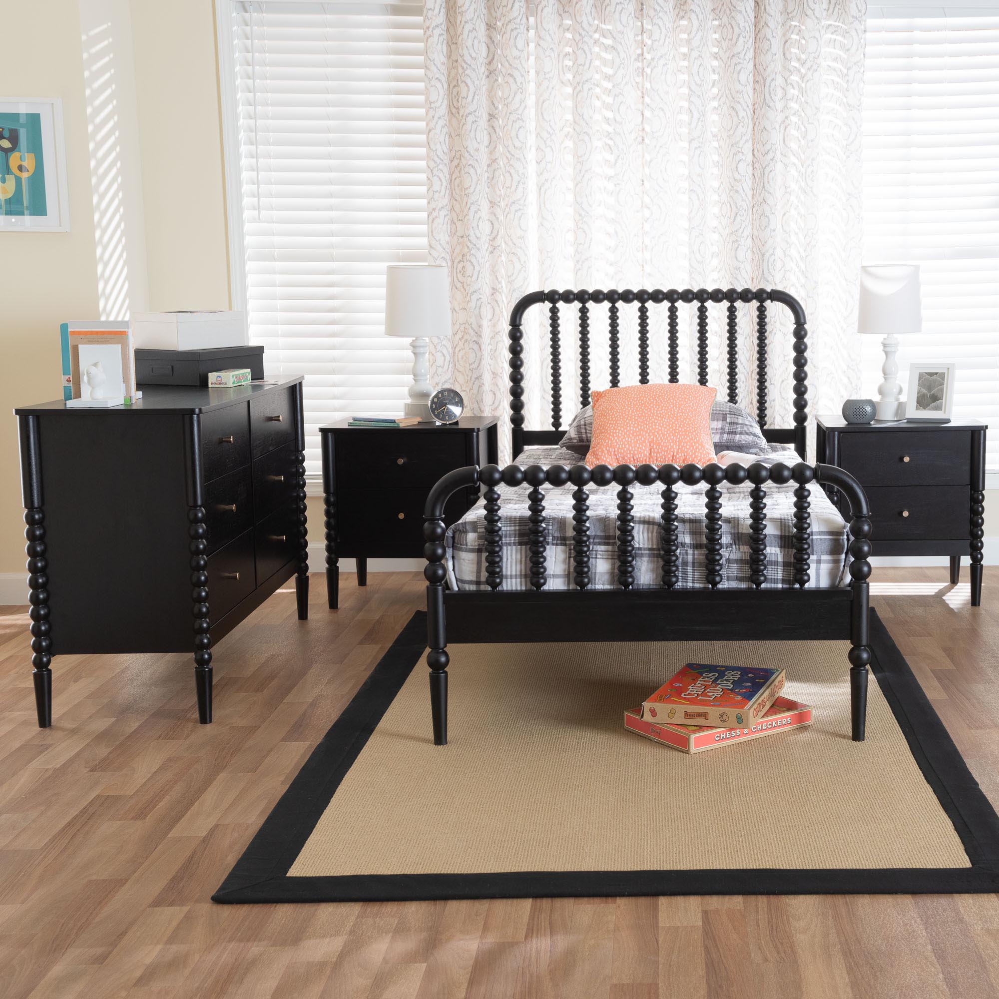 Baxton Studio Lucera Mid-Century Black Twin Size 4-Piece Bobbin Bedroom Set