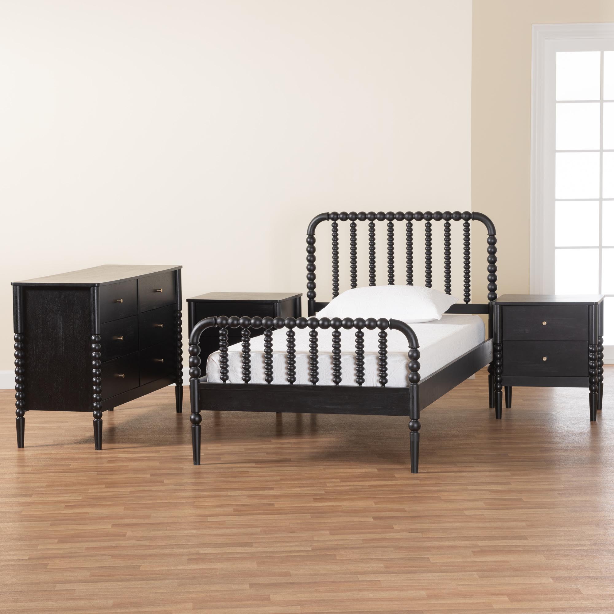 Baxton Studio Lucera Mid-Century Black Full Size 4-Piece Bobbin Bedroom Set