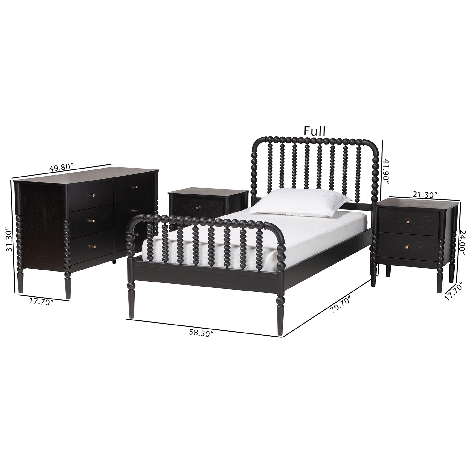 Baxton Studio Lucera Mid-Century Black Twin Size 4-Piece Bobbin Bedroom Set