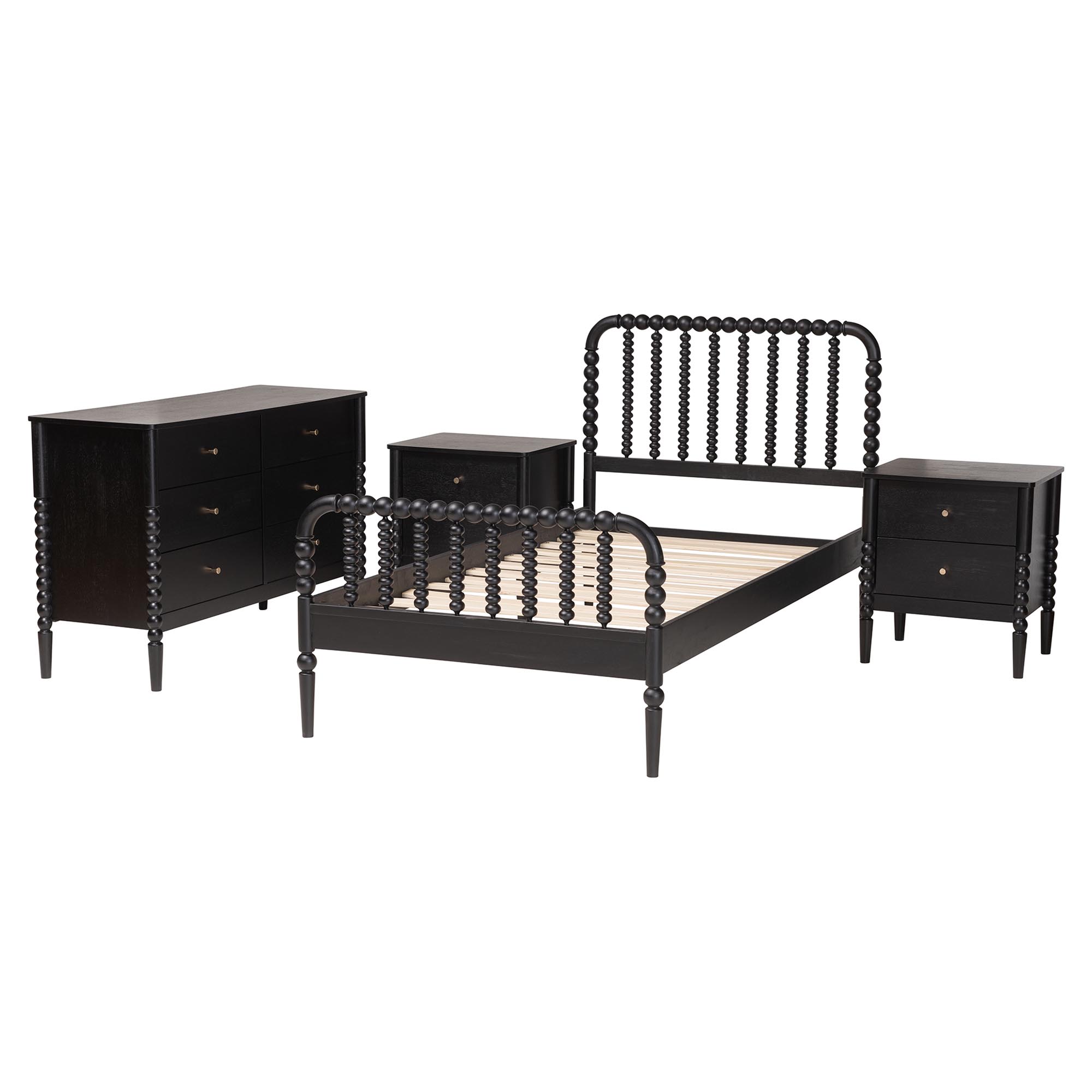Baxton Studio Lucera Mid-Century Black Twin Size 4-Piece Bobbin Bedroom Set