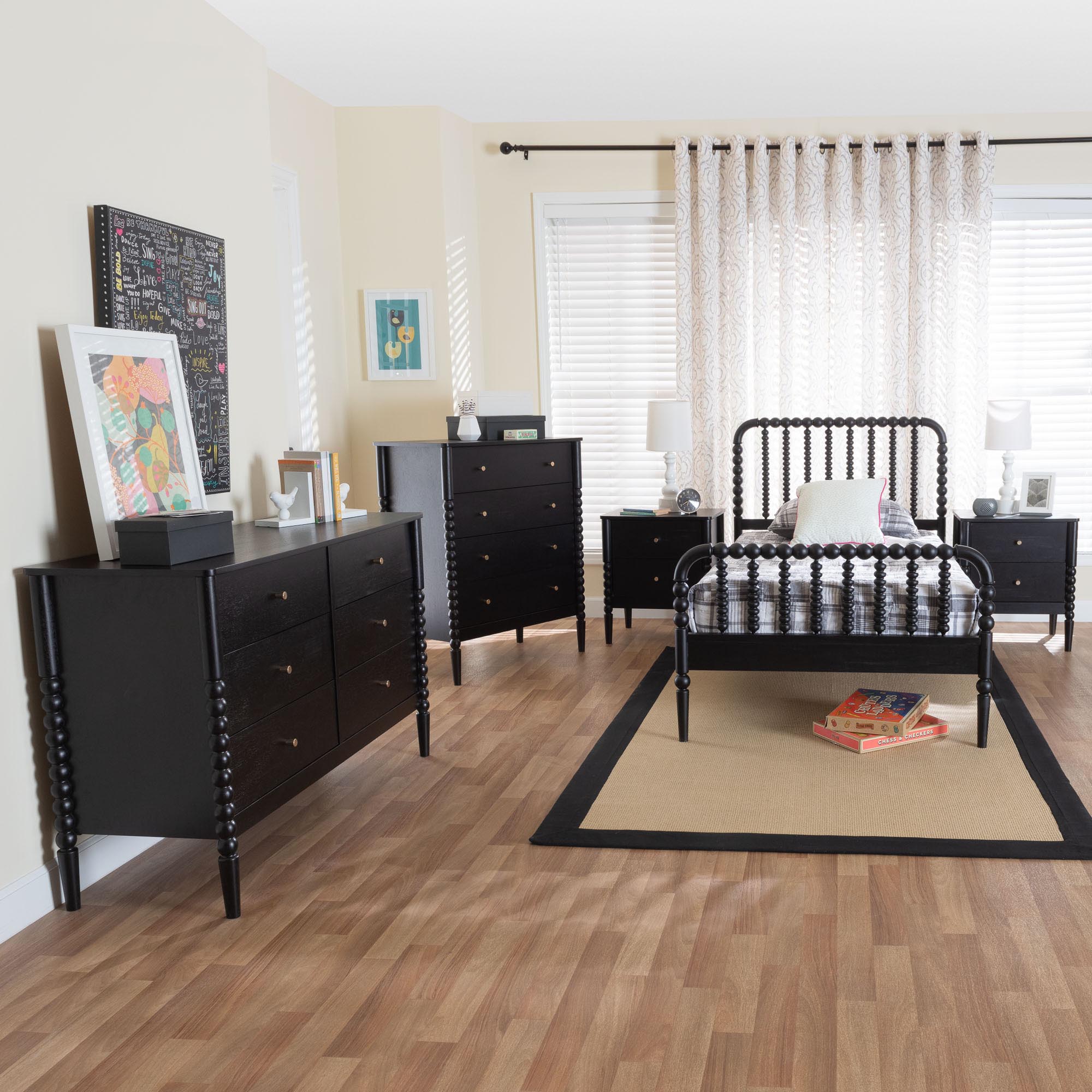 Baxton Studio Lucera Mid-Century Black Twin Size 5-Piece Bobbin Bedroom Set