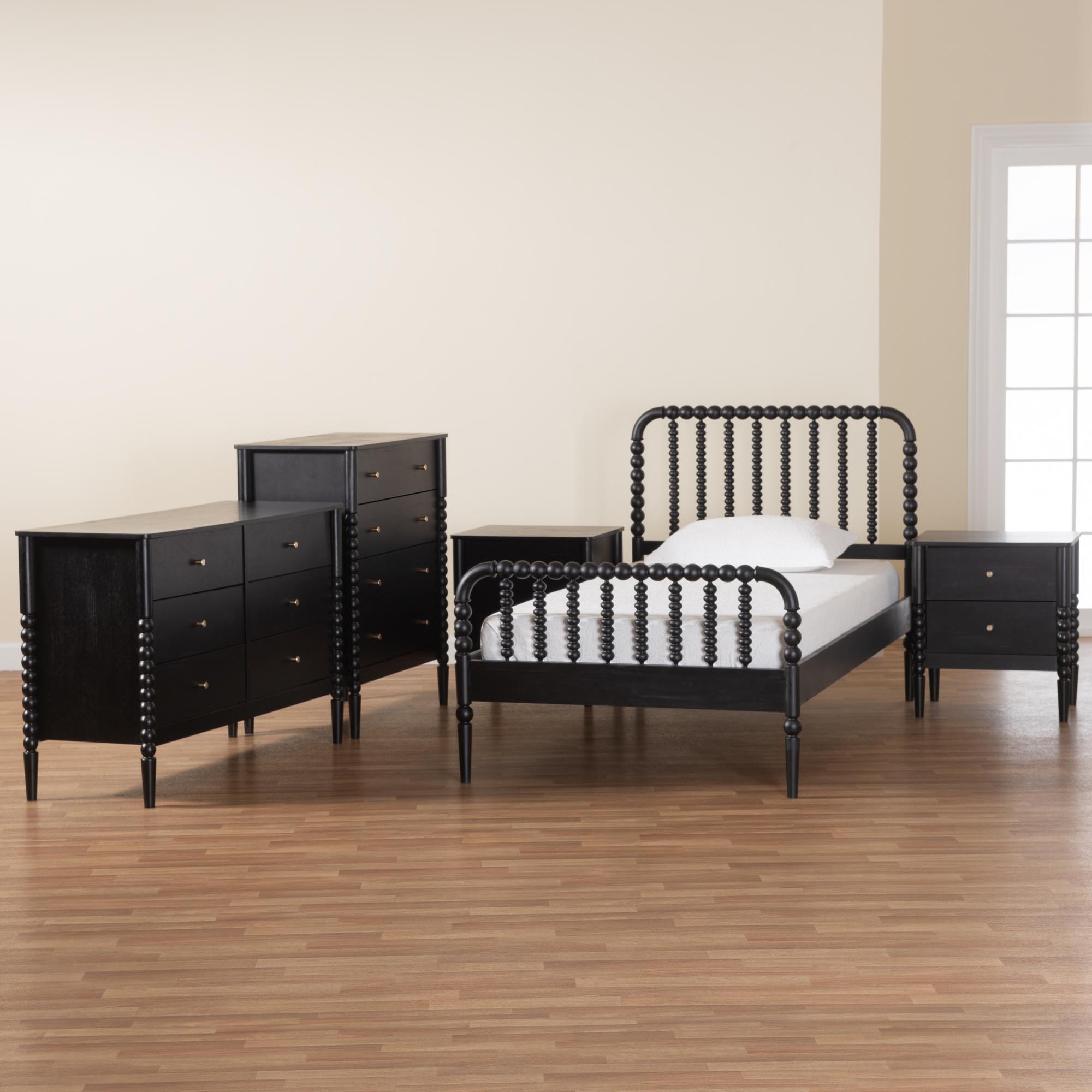 Baxton Studio Lucera Mid-Century Black Twin Size 5-Piece Bobbin Bedroom Set