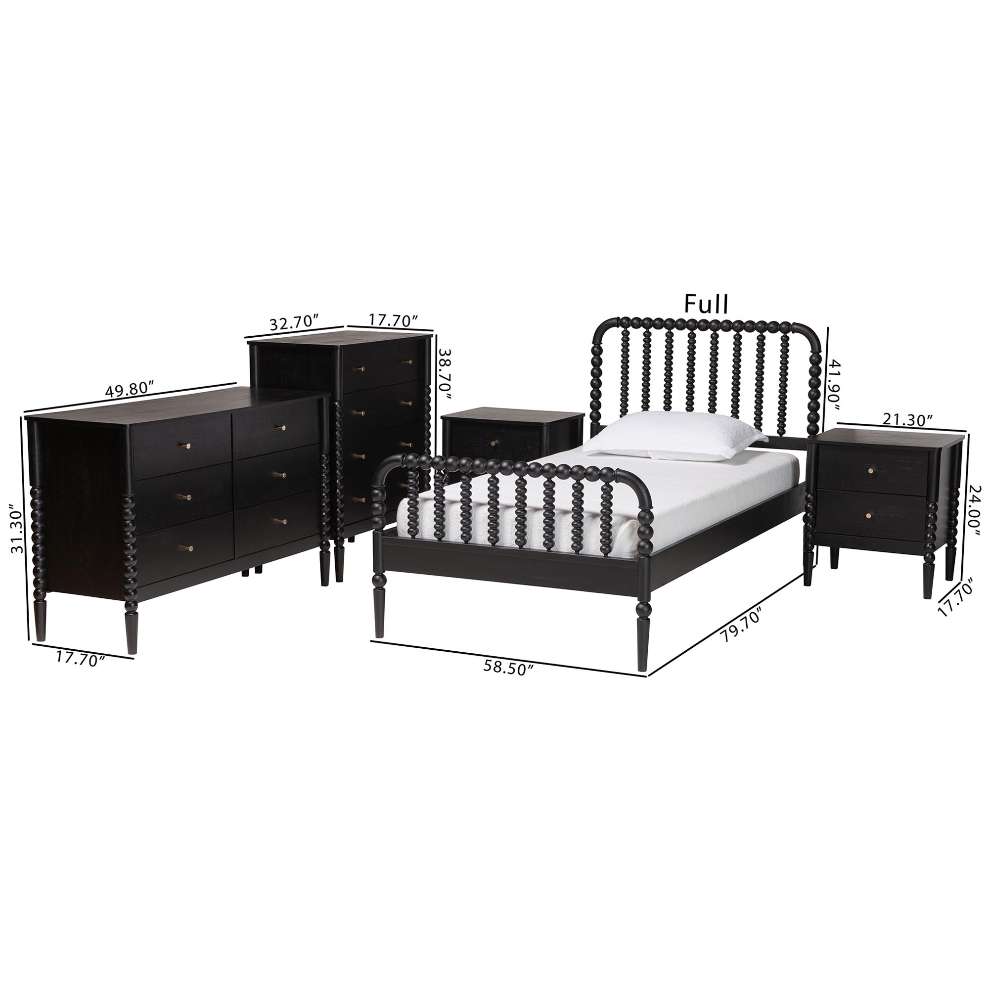 Baxton Studio Lucera Mid-Century Black Twin Size 5-Piece Bobbin Bedroom Set