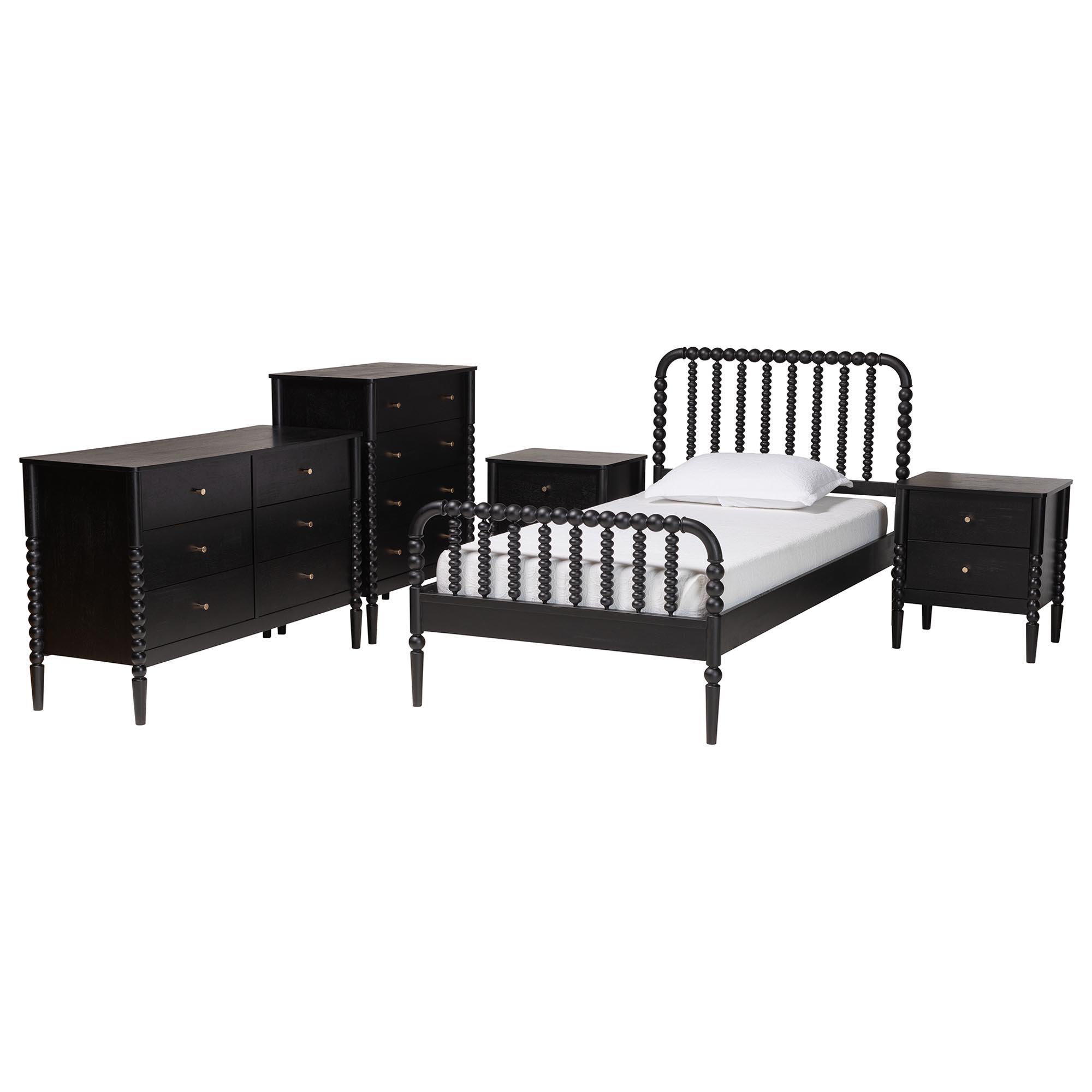 Baxton Studio Lucera Mid-Century Black Twin Size 5-Piece Bobbin Bedroom Set