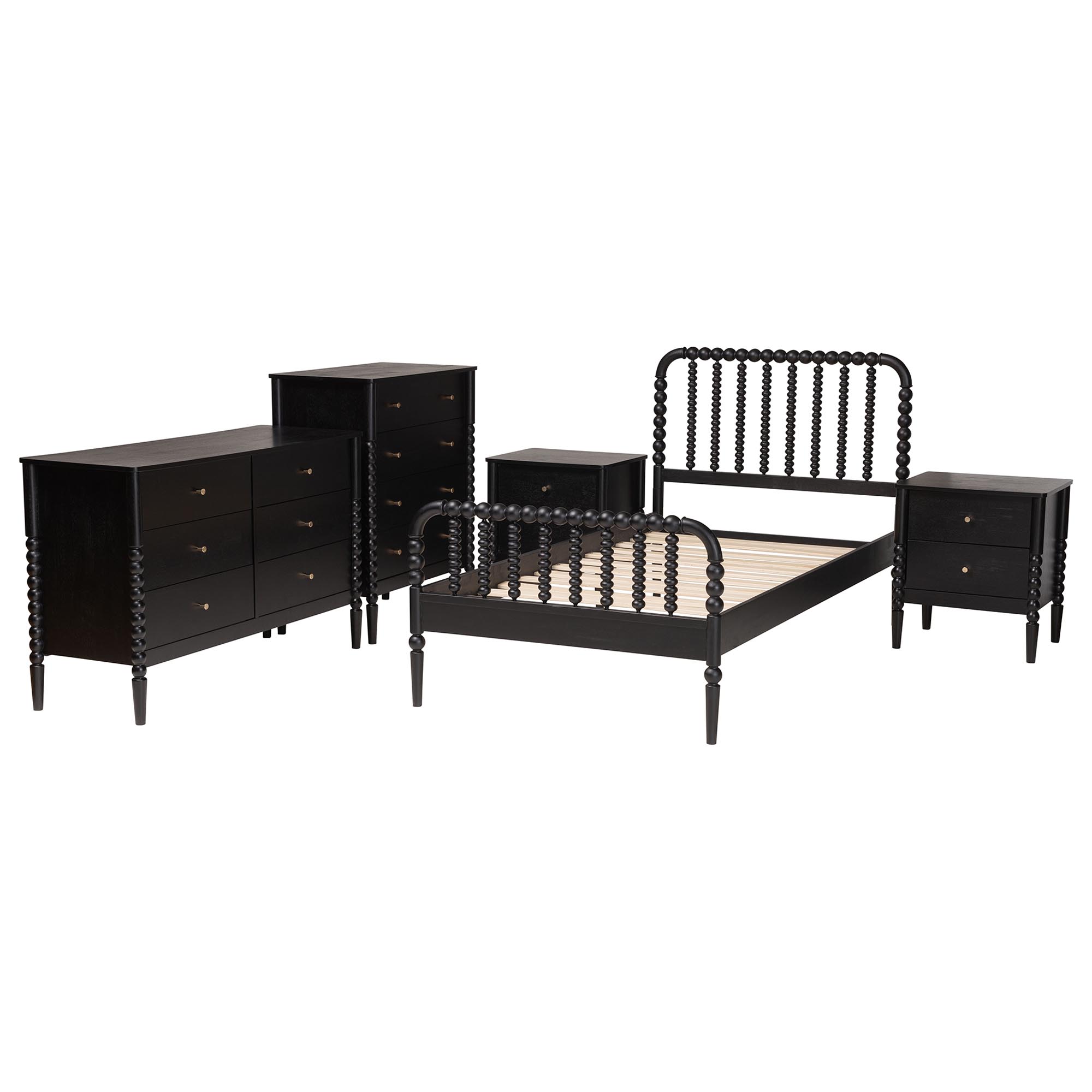 Baxton Studio Lucera Mid-Century Black Twin Size 5-Piece Bobbin Bedroom Set