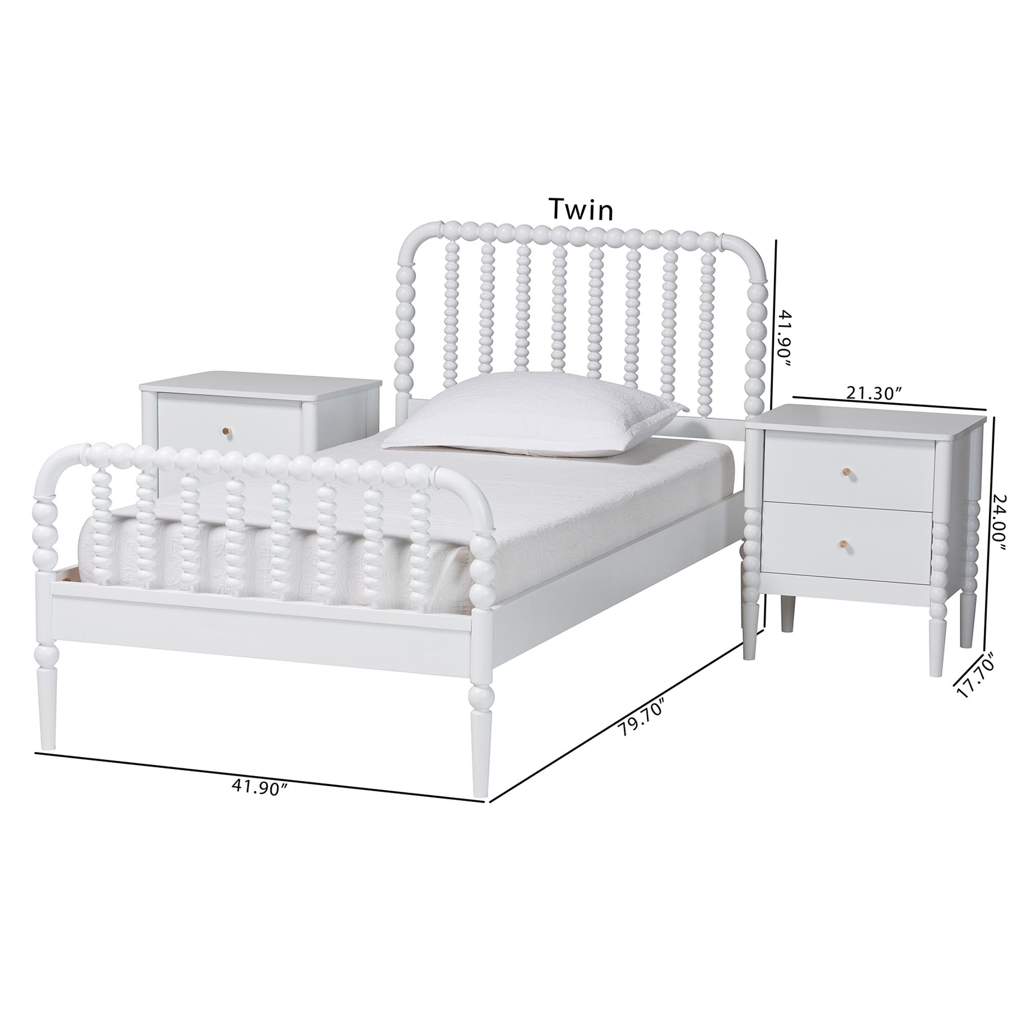 Baxton Studio Lucera Mid-Century White Twin Size 3-Piece Bobbin Bedroom Set