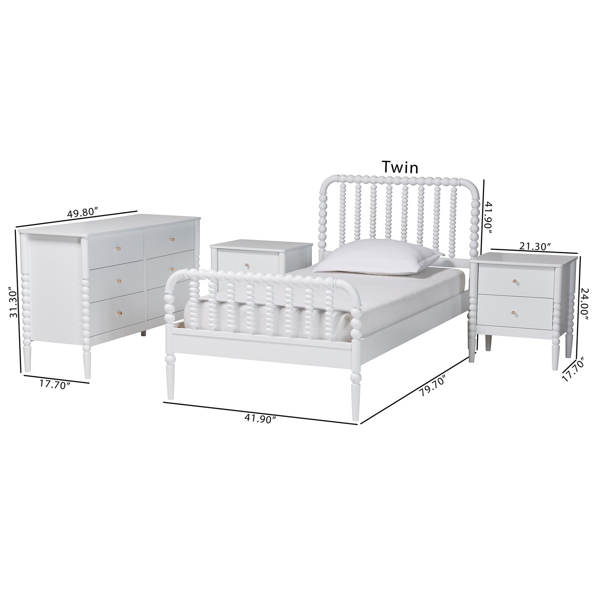Baxton Studio Lucera Mid-Century White Twin Size 4-Piece Bobbin Bedroom Set