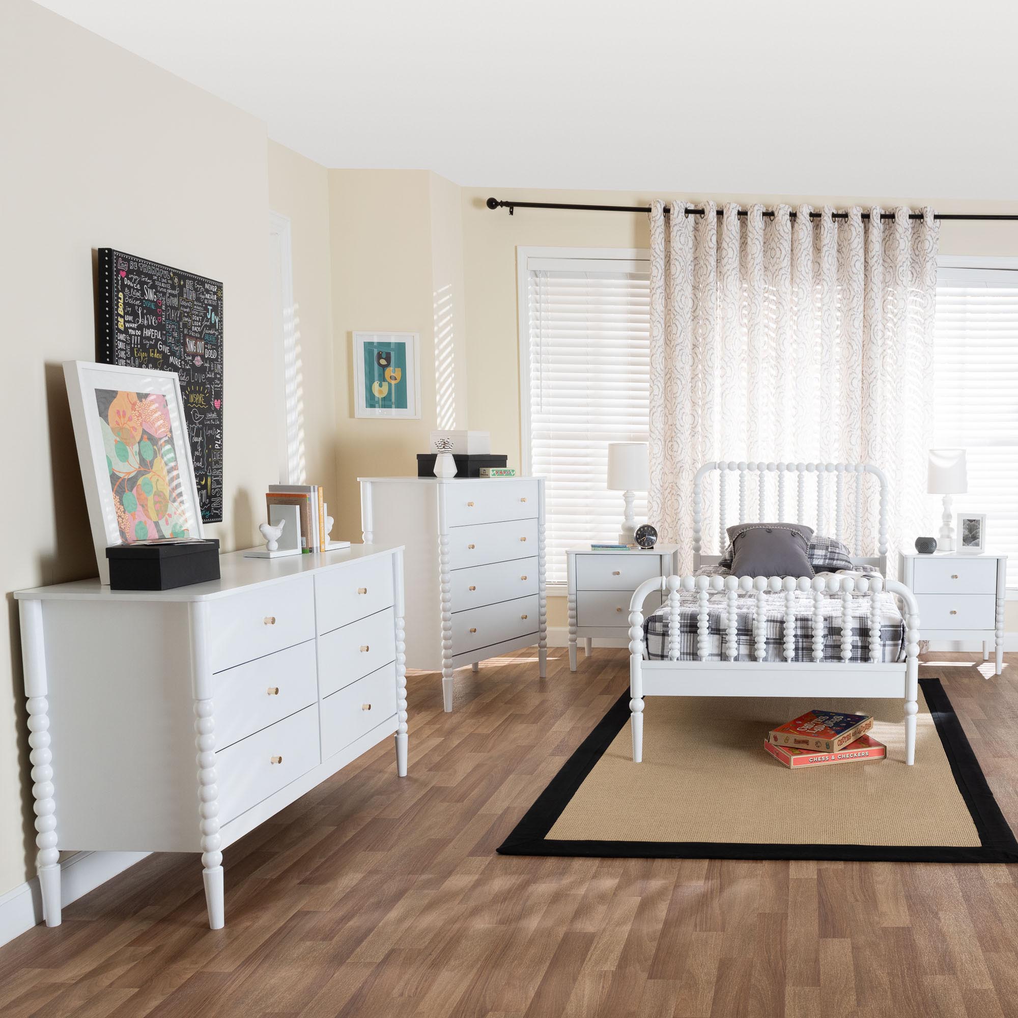 Baxton Studio Lucera Mid-Century White Twin Size 5-Piece Bobbin Bedroom Set