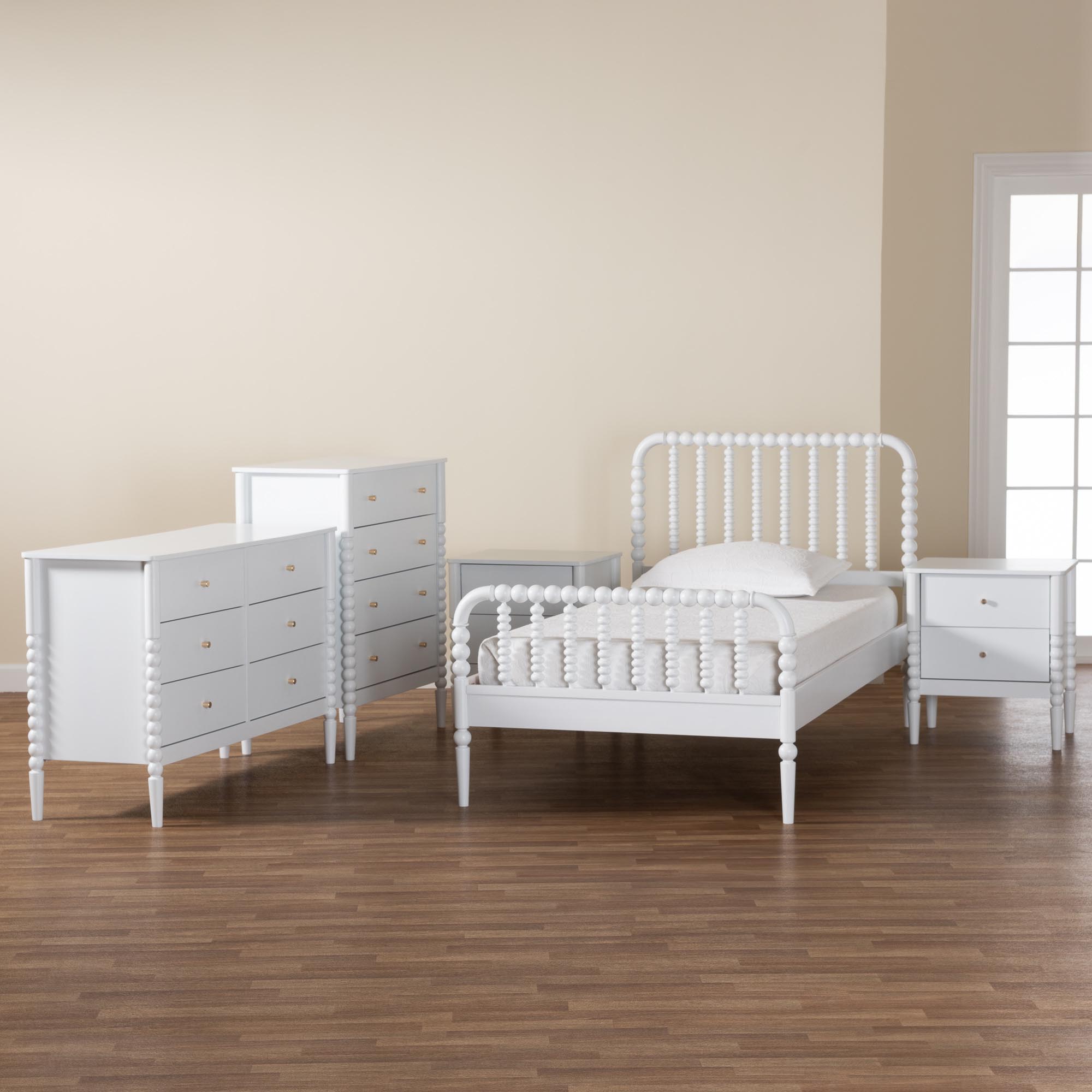 Baxton Studio Lucera Mid-Century White Twin Size 5-Piece Bobbin Bedroom Set