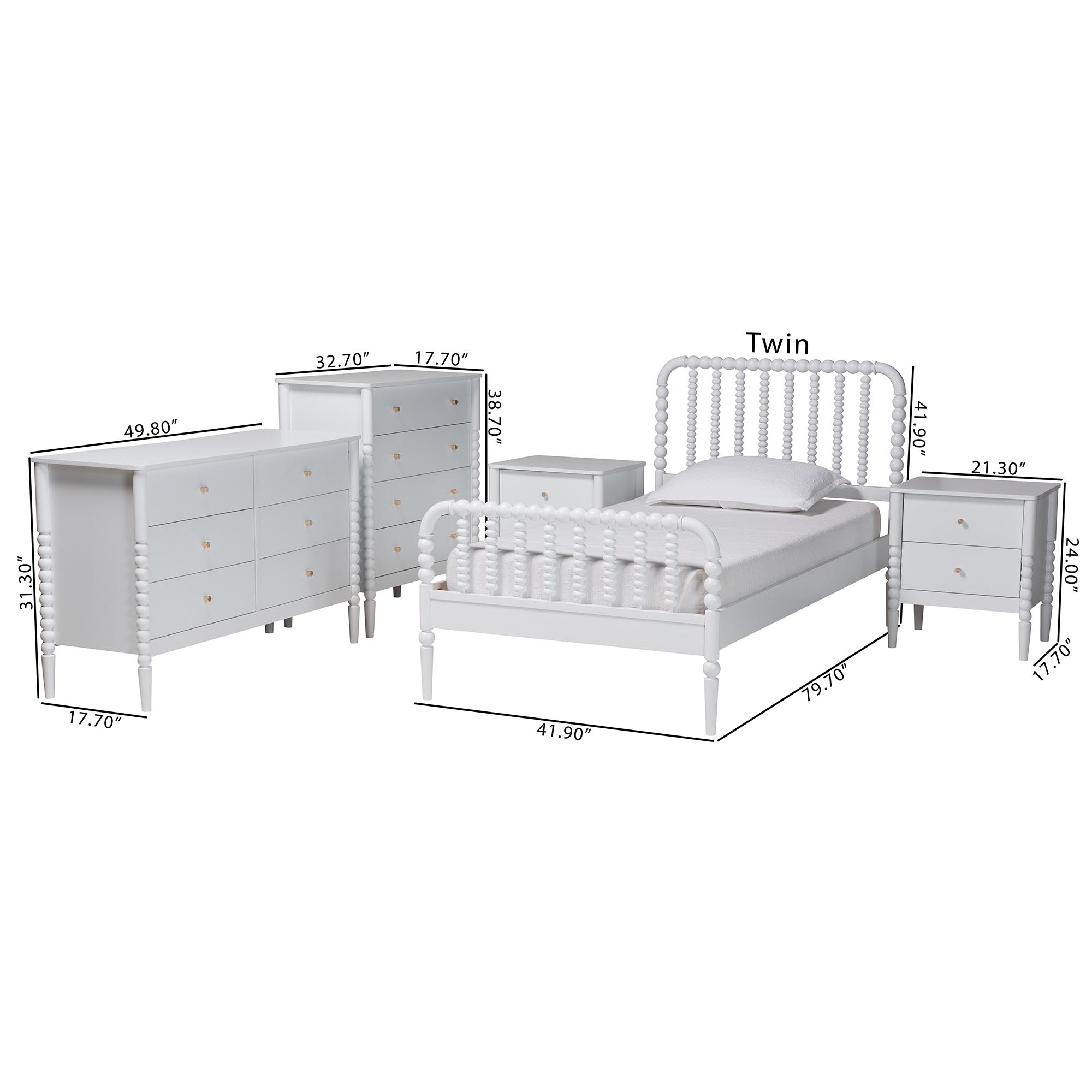 Baxton Studio Lucera Mid-Century White Twin Size 5-Piece Bobbin Bedroom Set