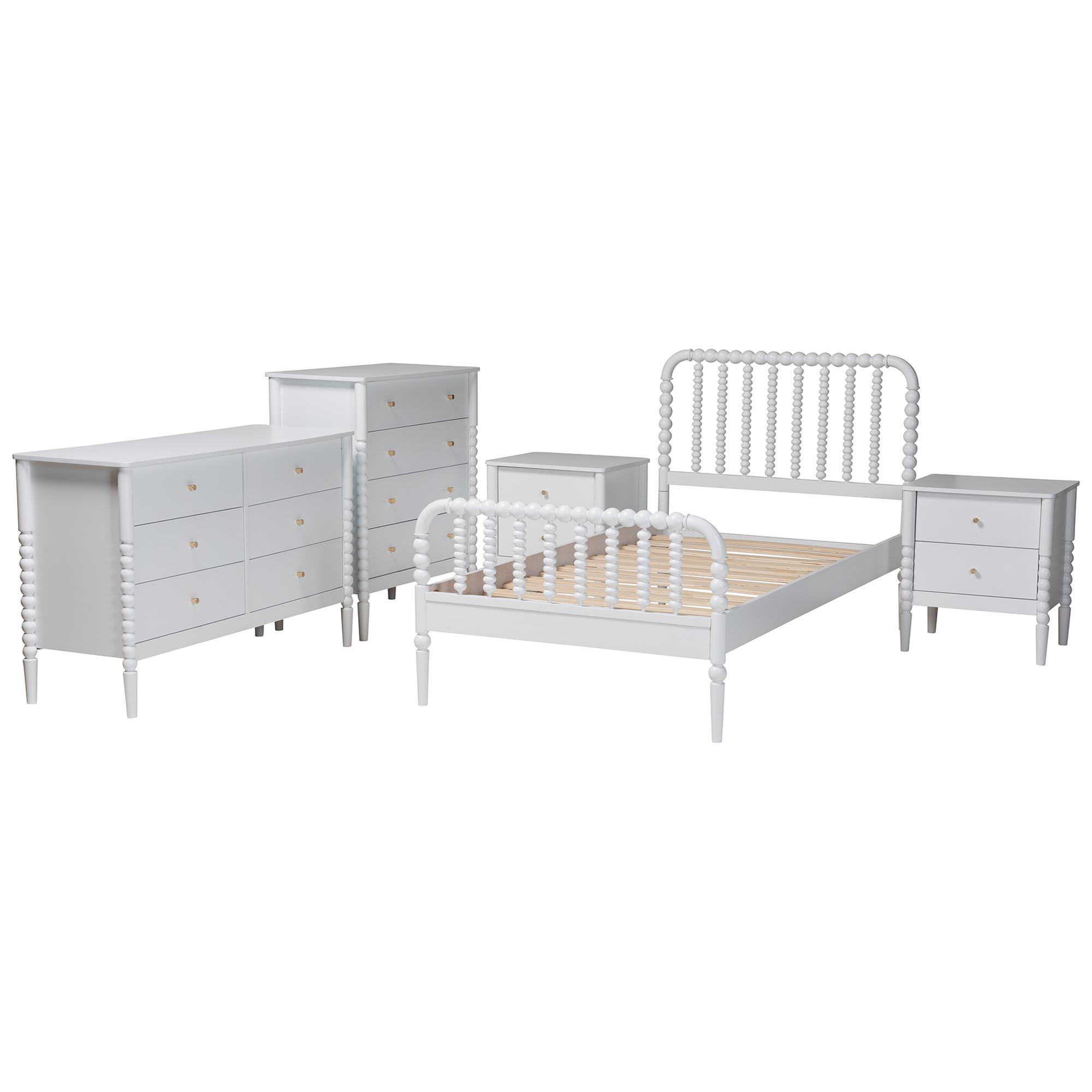 Baxton Studio Lucera Mid-Century White Twin Size 5-Piece Bobbin Bedroom Set