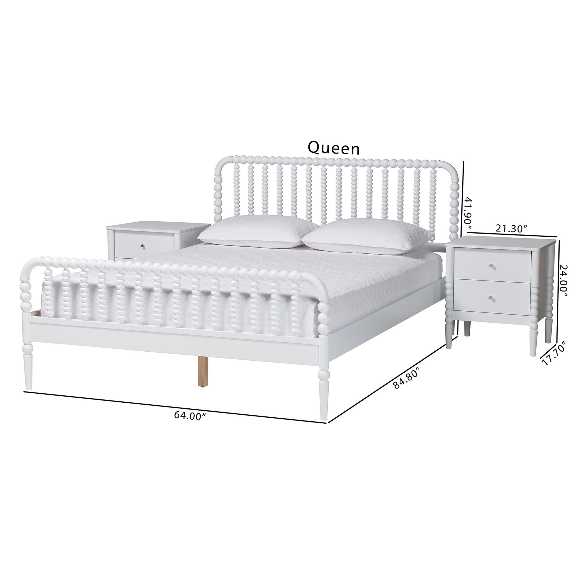 Baxton Studio Lucera Mid-Century White Queen Size 3-Piece Bobbin Bedroom Set
