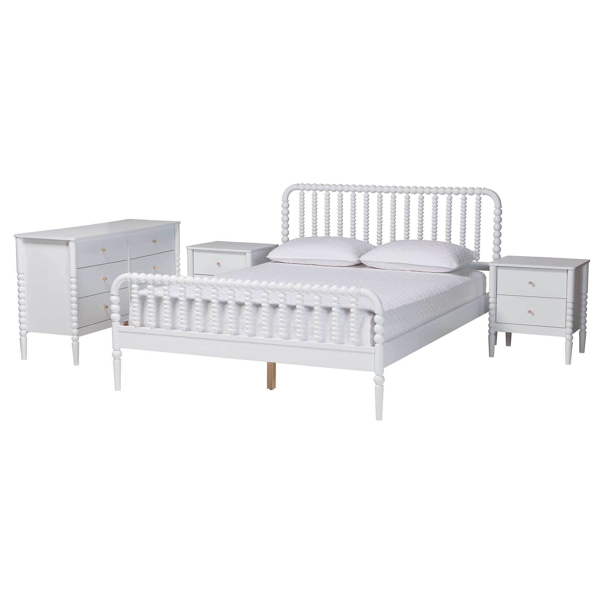 Baxton Studio Lucera Mid-Century White Full Size 4-Piece Bobbin Bedroom Set