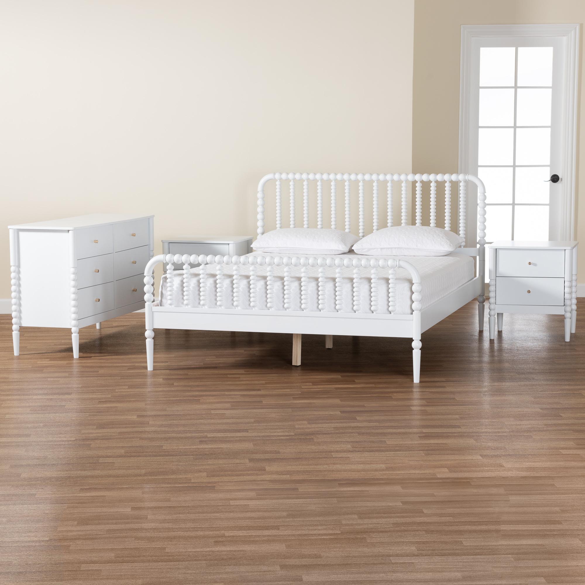 Baxton Studio Lucera Mid-Century White Queen Size 4-Piece Bobbin Bedroom Set