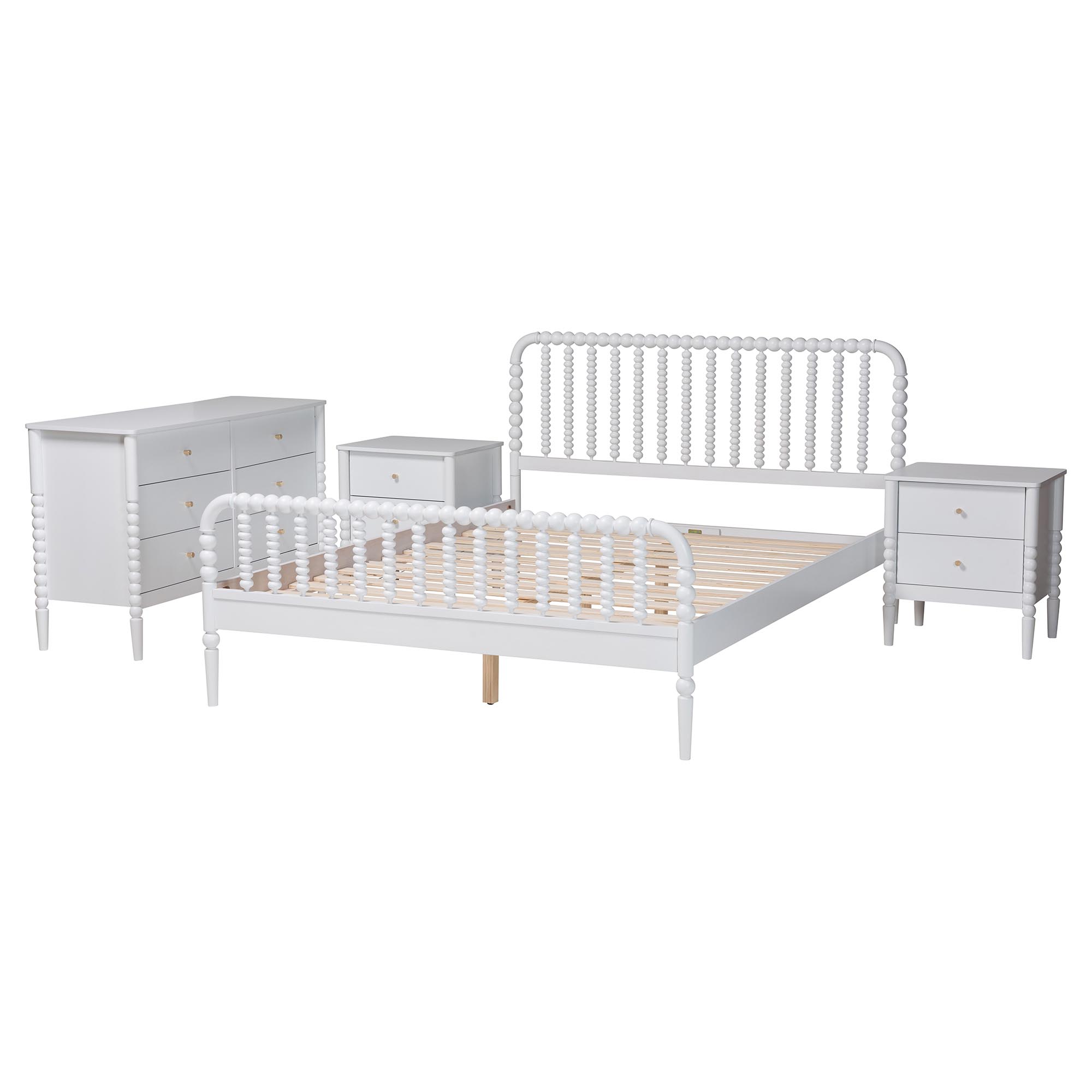 Baxton Studio Lucera Mid-Century White Queen Size 4-Piece Bobbin Bedroom Set