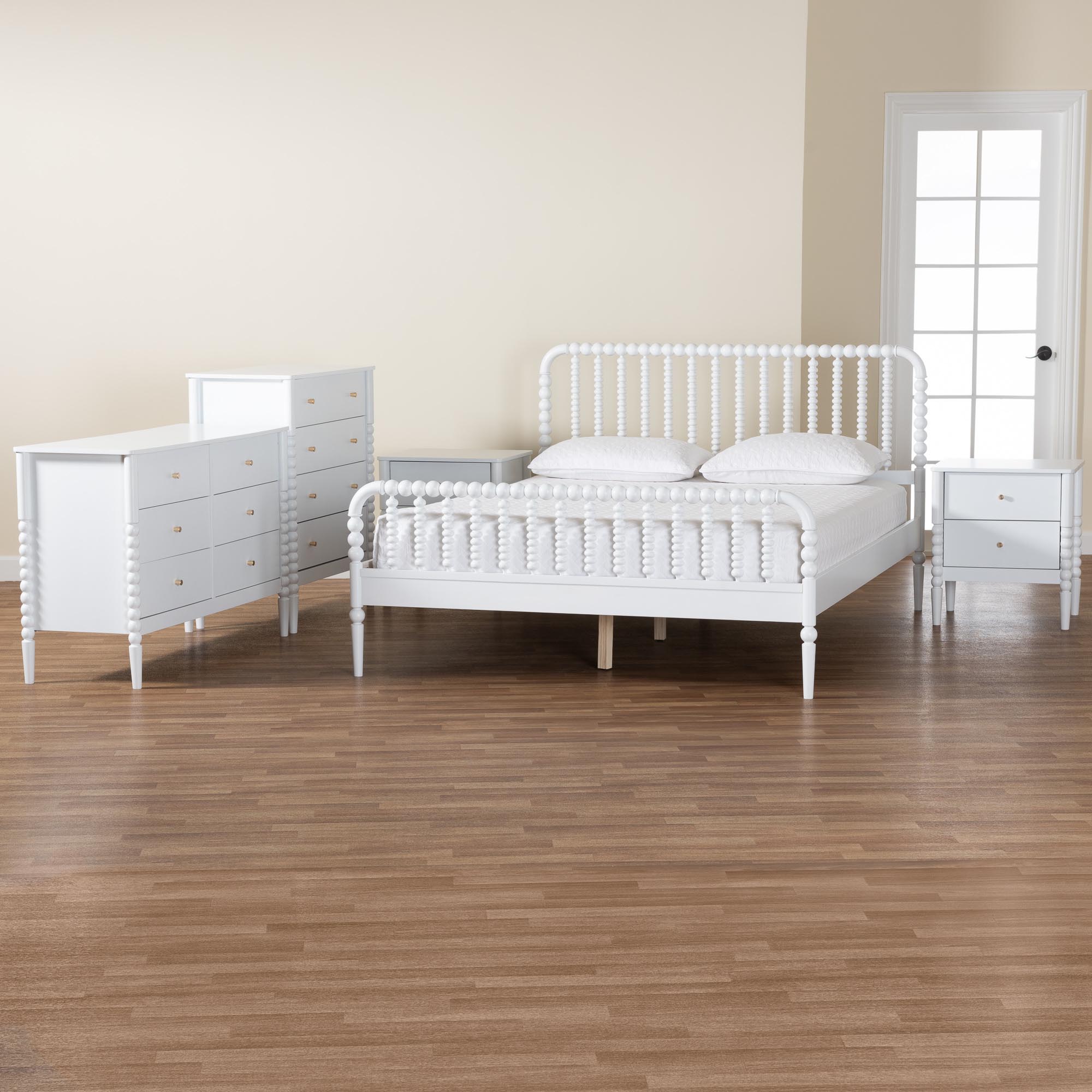 Baxton Studio Lucera Mid-Century White Full Size 5-Piece Bobbin Bedroom Set