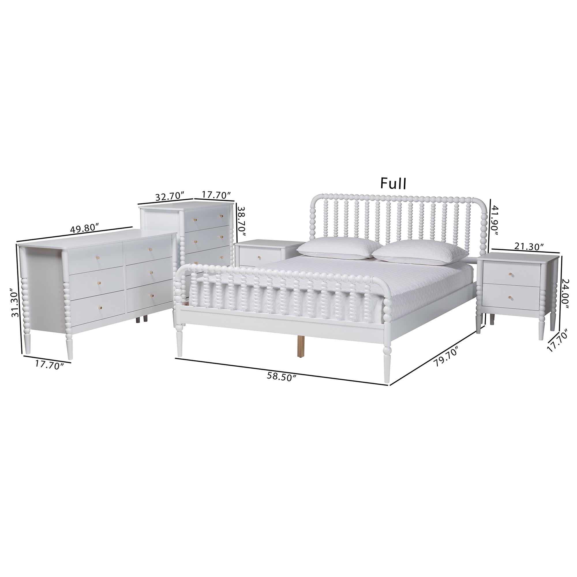 Baxton Studio Lucera Mid-Century White Queen Size 5-Piece Bobbin Bedroom Set