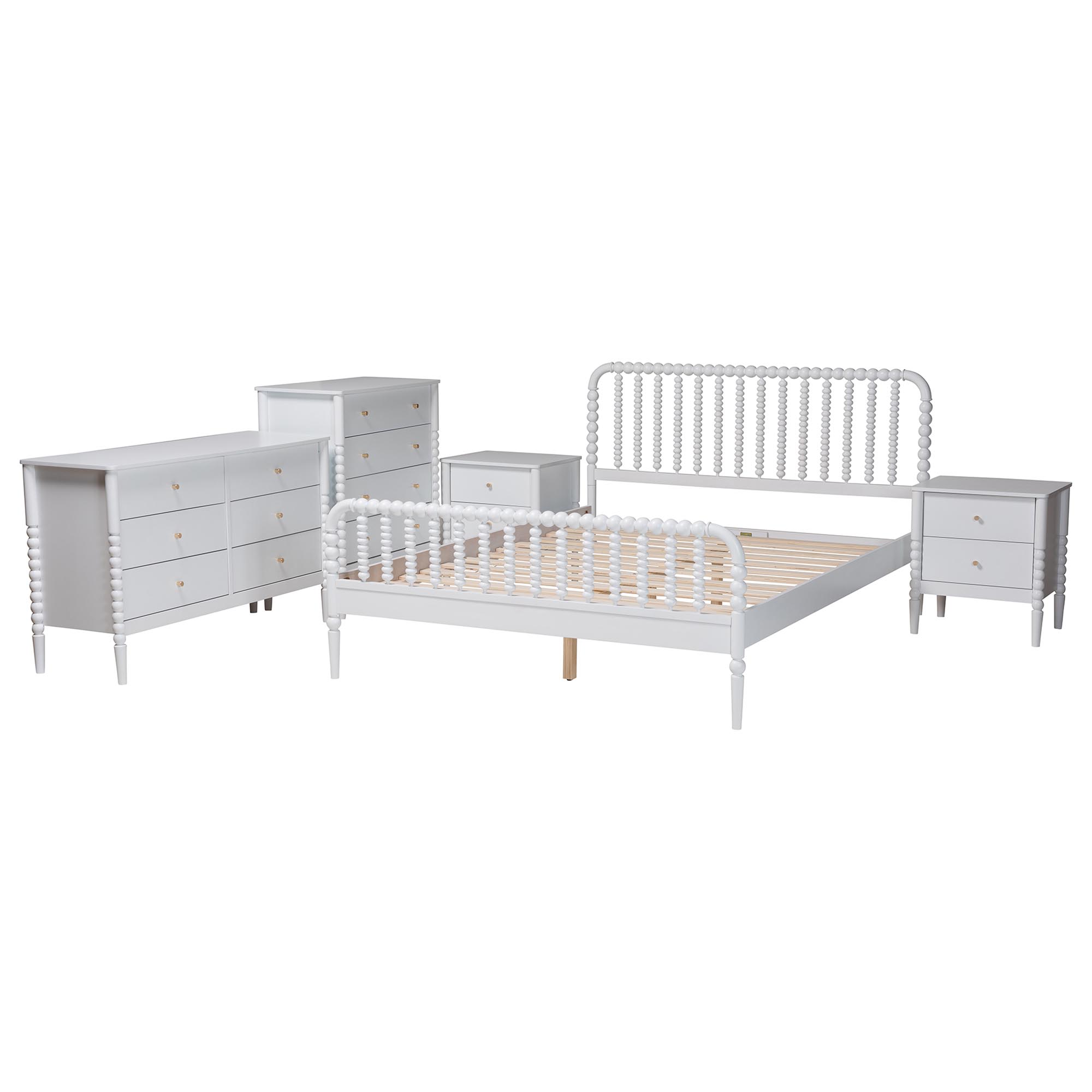 Baxton Studio Lucera Mid-Century White Queen Size 5-Piece Bobbin Bedroom Set