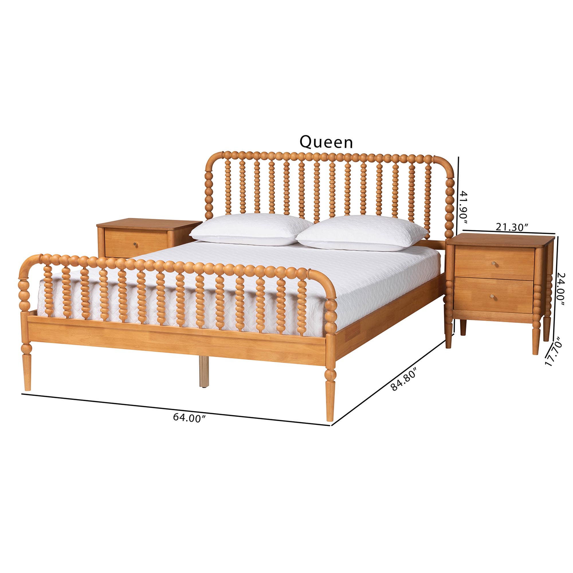 Baxton Studio Lucera Mid-Century Oak Brown Queen Size 3-Piece Bobbin Bedroom Set