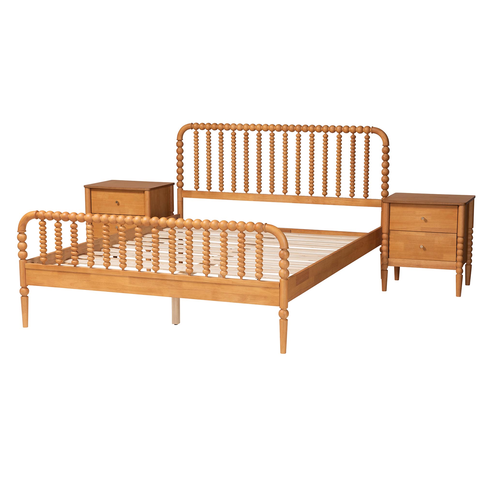 Baxton Studio Lucera Mid-Century Oak Brown Queen Size 3-Piece Bobbin Bedroom Set