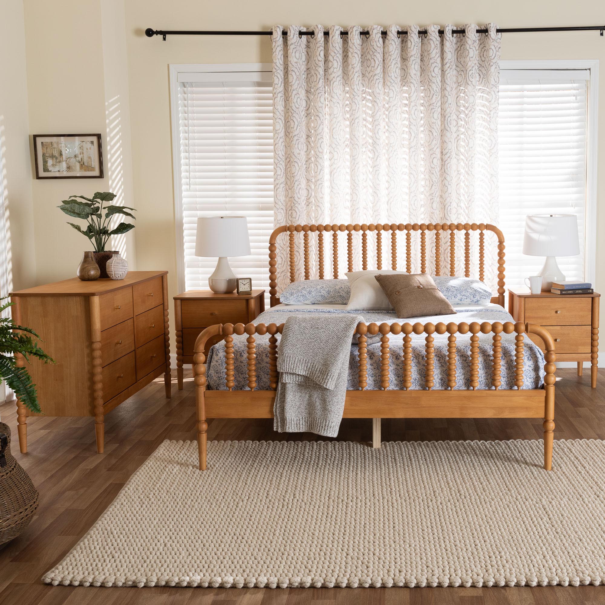 Baxton Studio Lucera Mid-Century Oak Brown Queen Size 4-Piece Bobbin Bedroom Set