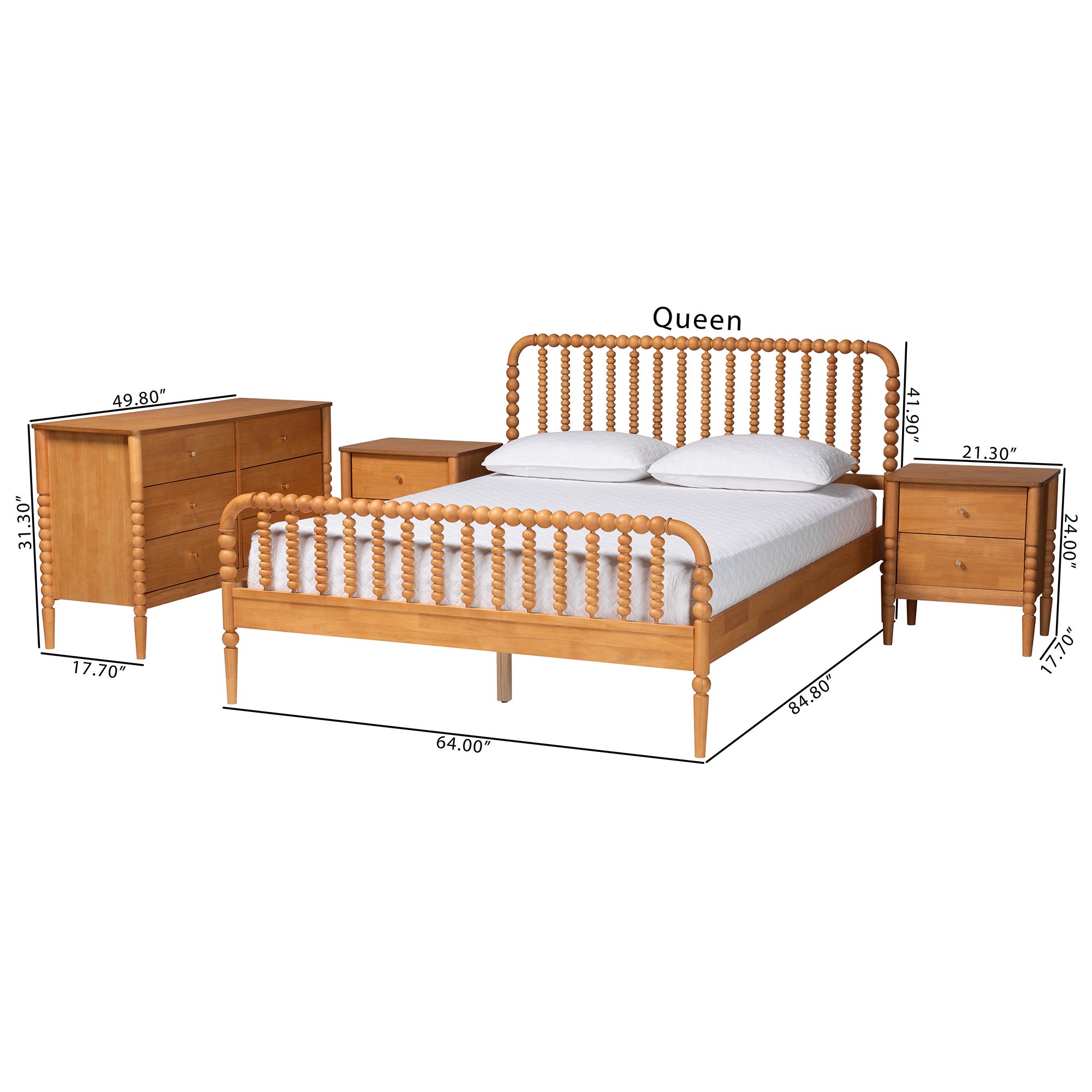 Baxton Studio Lucera Mid-Century Oak Brown Queen Size 4-Piece Bobbin Bedroom Set