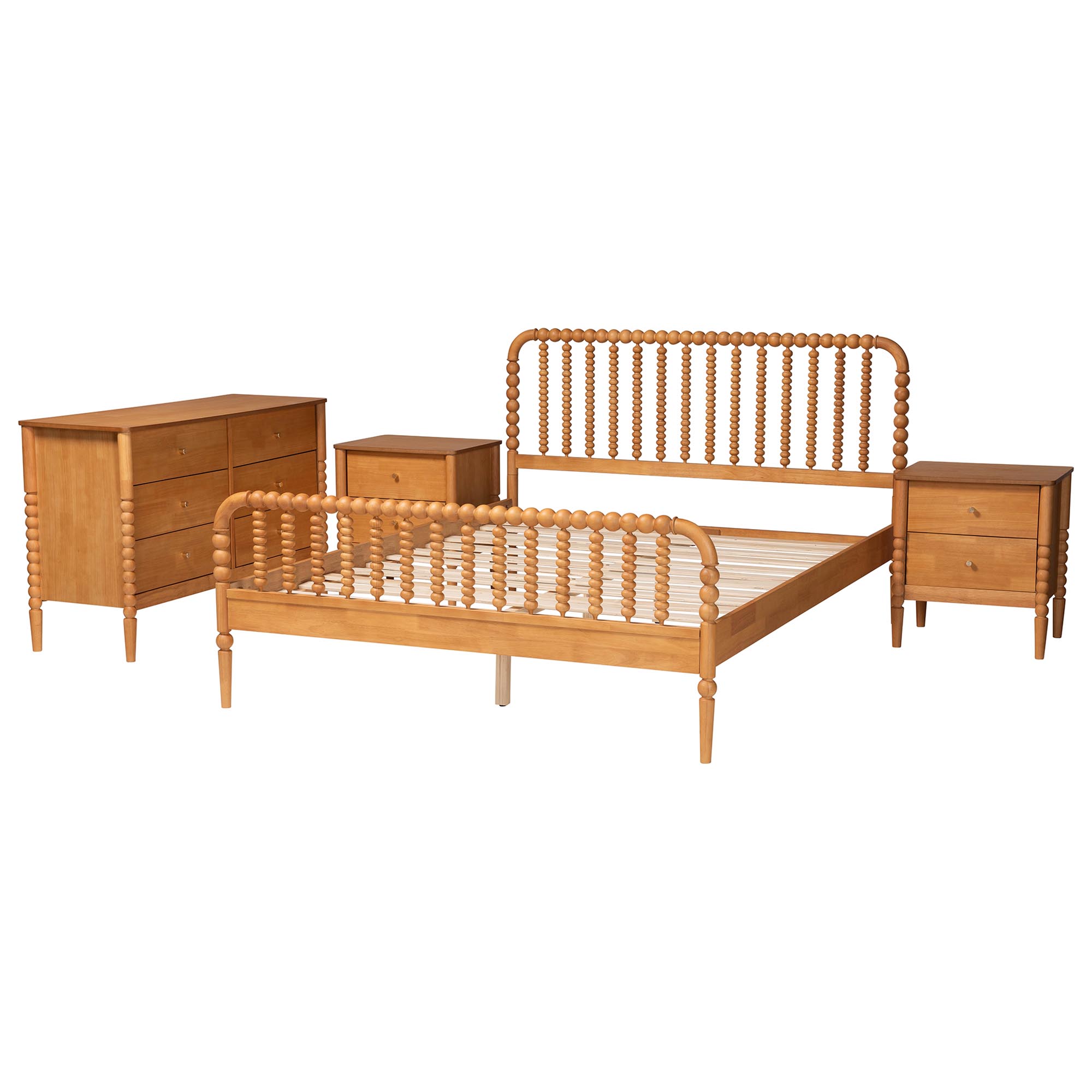 Baxton Studio Lucera Mid-Century Oak Brown Queen Size 4-Piece Bobbin Bedroom Set