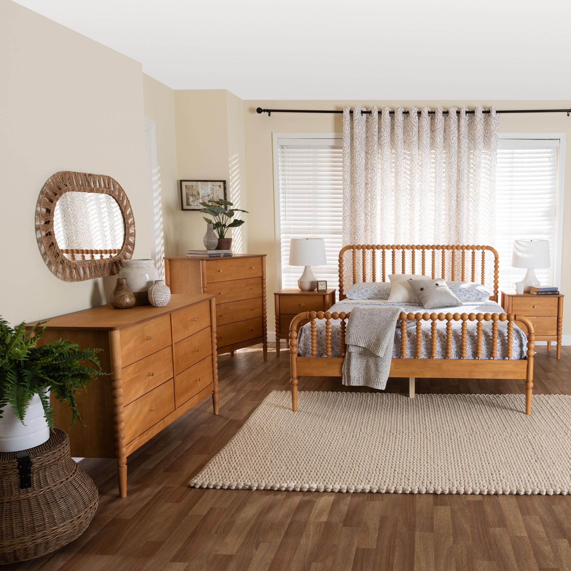 Baxton Studio Lucera Mid-Century Oak Brown Queen Size 5-Piece Bobbin Bedroom Set