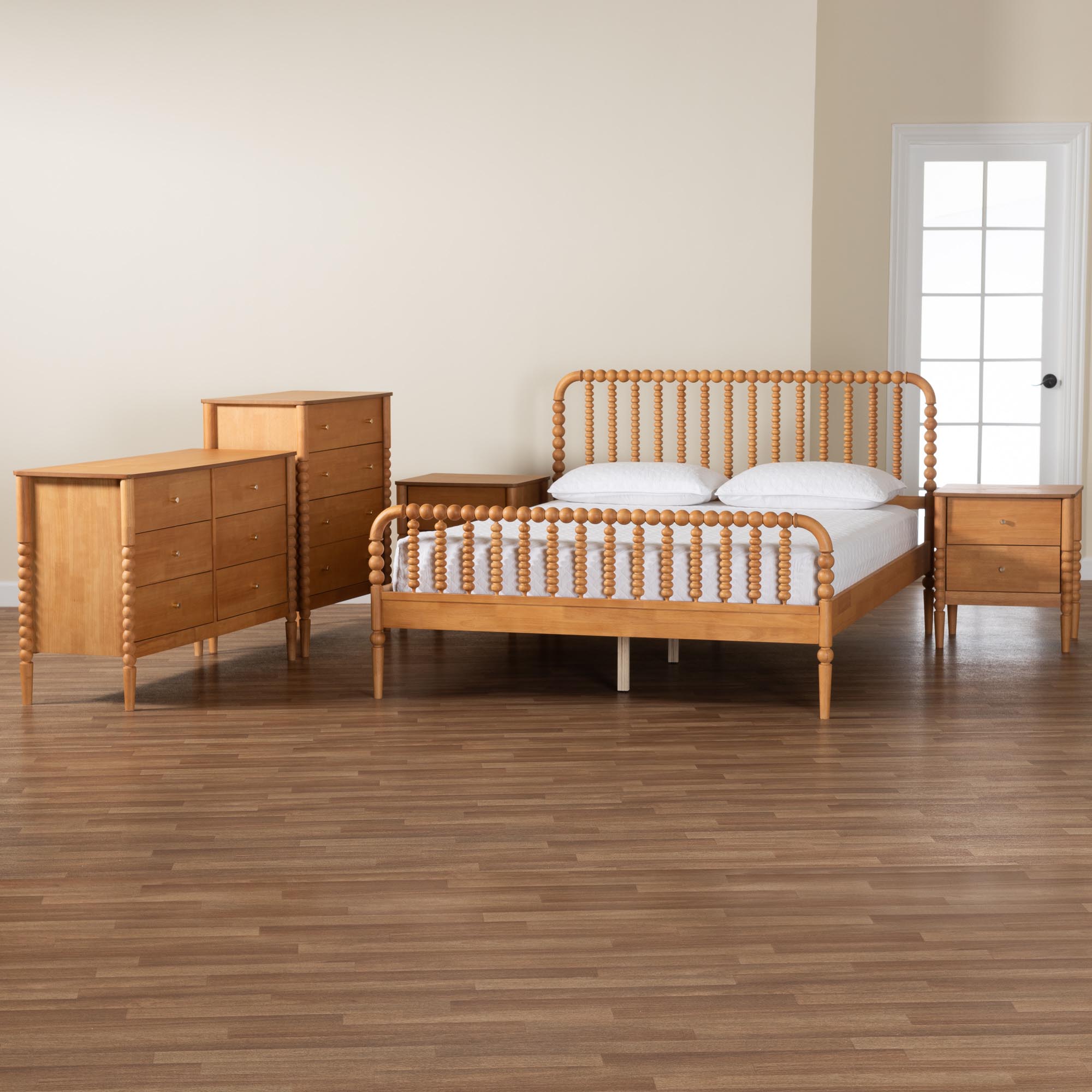 Baxton Studio Lucera Mid-Century Oak Brown Queen Size 5-Piece Bobbin Bedroom Set