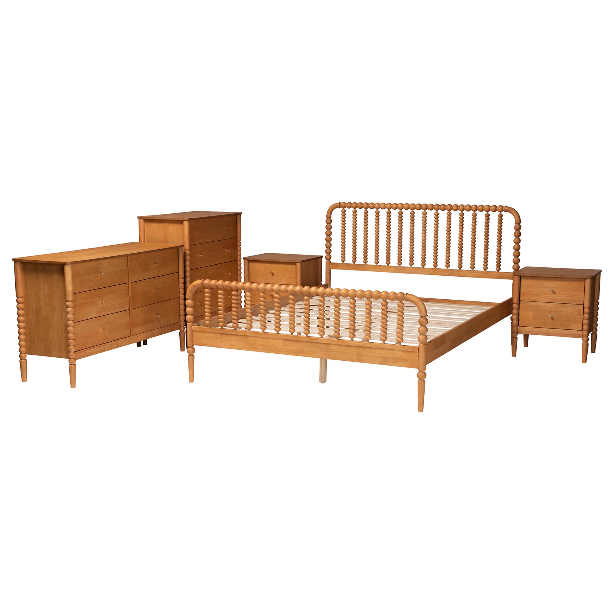 Baxton Studio Lucera Mid-Century Oak Brown Queen Size 5-Piece Bobbin Bedroom Set