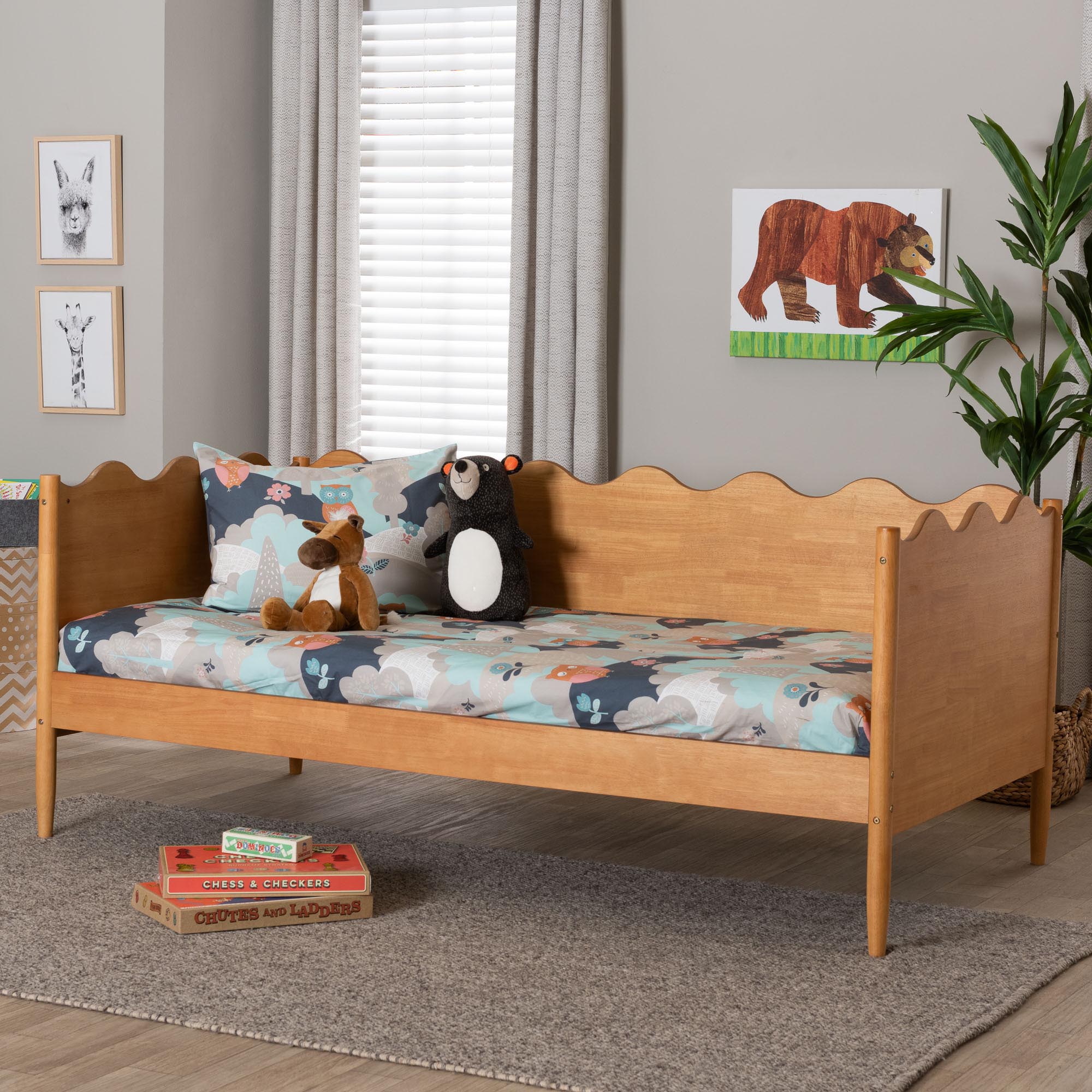 Baxton Studio Malaya Modern Oak Brown Wood Full Daybed with Scalloped Edges
