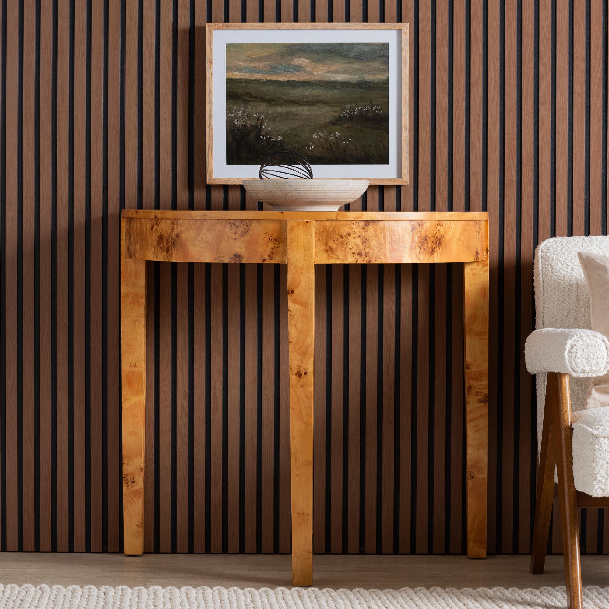 bali & pari Jihan Modern and Contemporary Natural Real Burl Wood Half-Moon Console Table