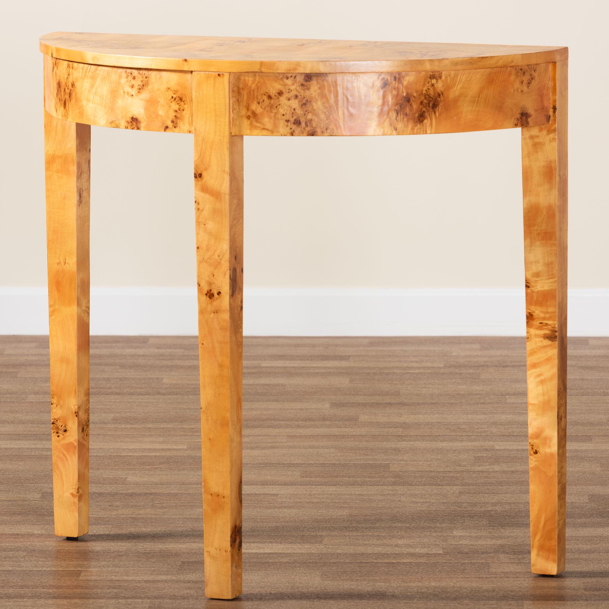 bali & pari Jihan Modern and Contemporary Natural Real Burl Wood Half-Moon Console Table
