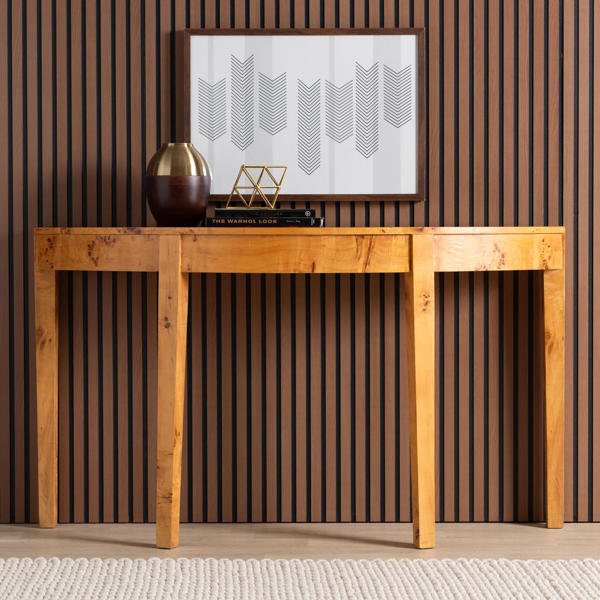 bali & pari Jihan Modern and Contemporary Natural Real Burl Wood Half-Moon Large Console Table