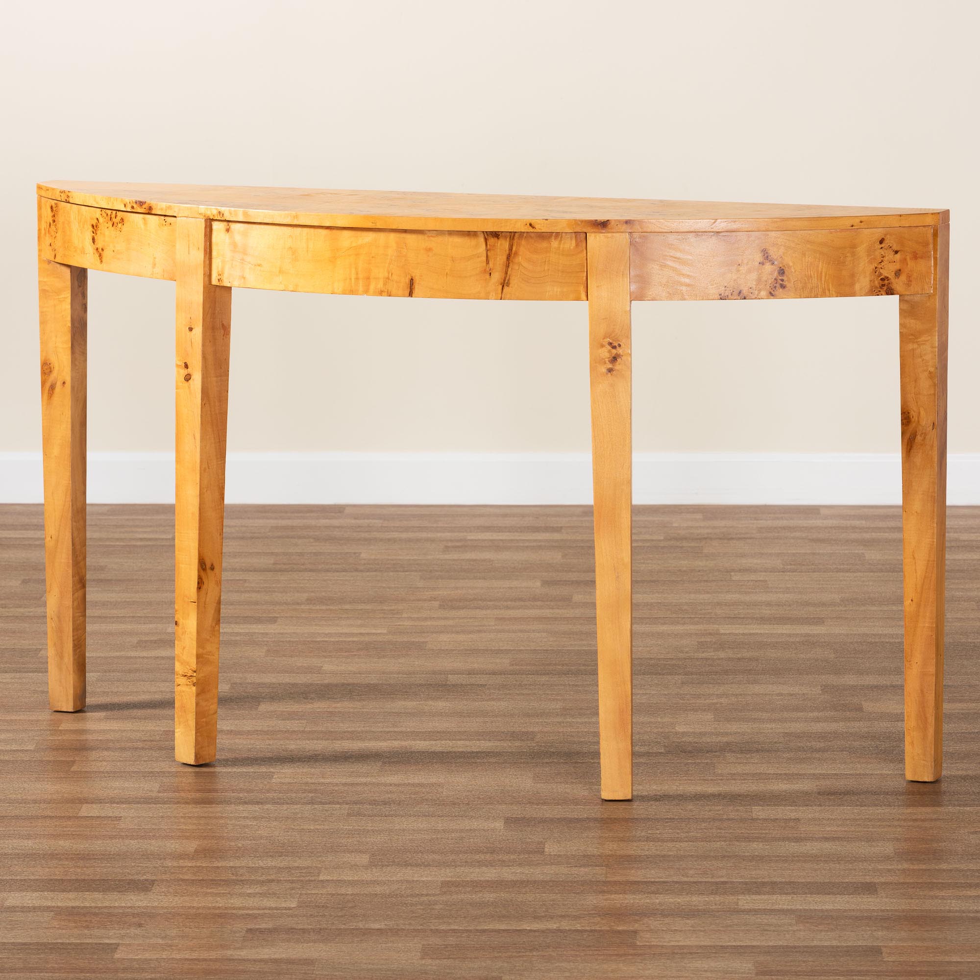 bali & pari Jihan Modern and Contemporary Natural Real Burl Wood Half-Moon Large Console Table