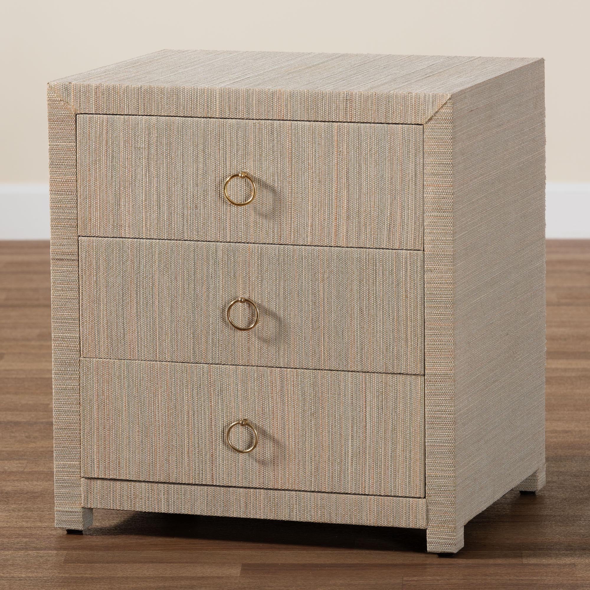 bali & pari Quinn Bohemian Woven Natural Grasscloth 3-Drawer Nightstand