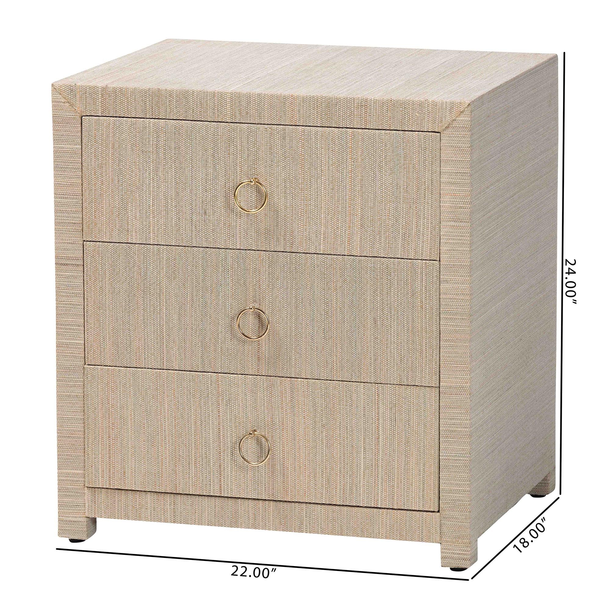bali & pari Quinn Bohemian Woven Natural Grasscloth 3-Drawer Nightstand