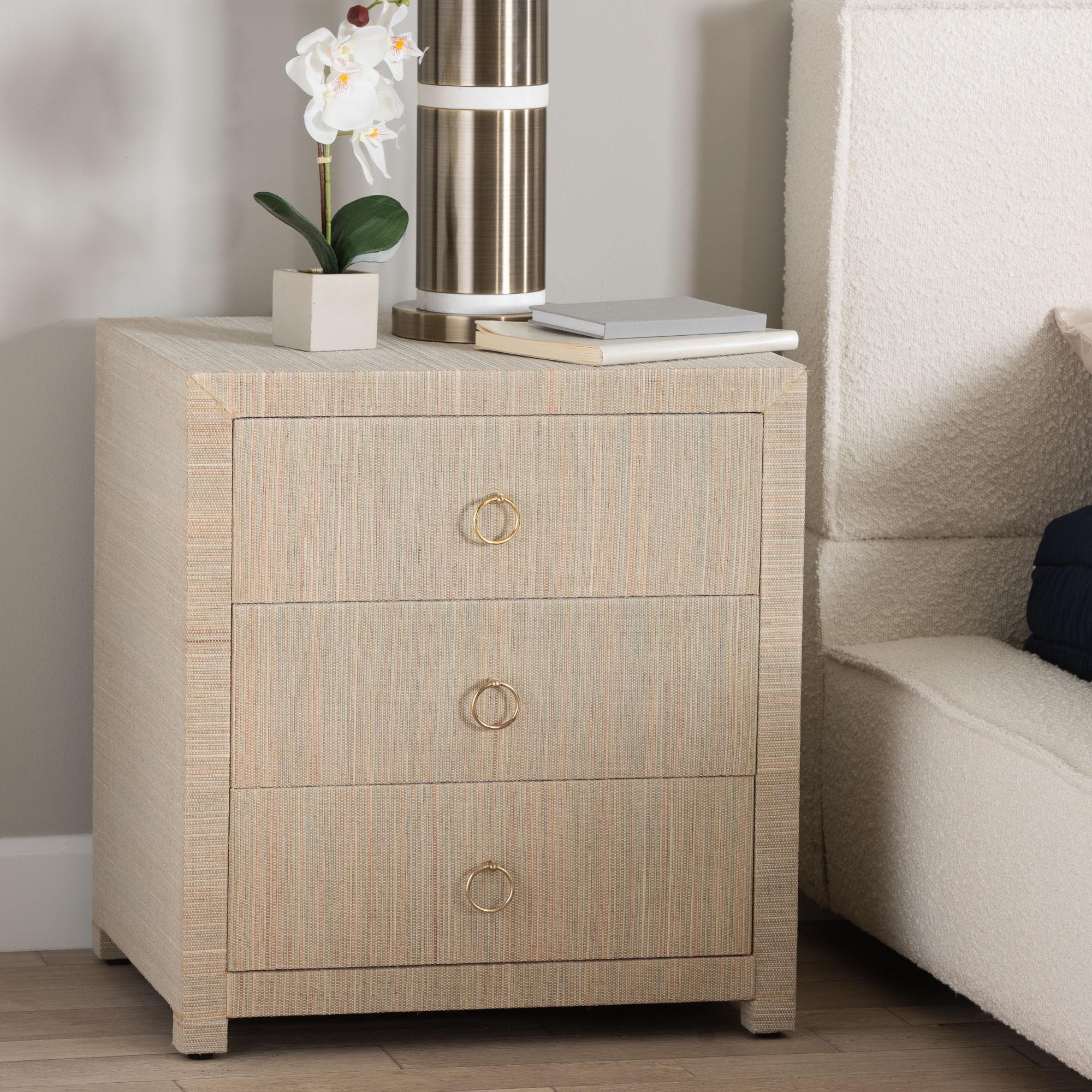 bali & pari Quinn Bohemian Woven Natural Grasscloth 3-Drawer Nightstand