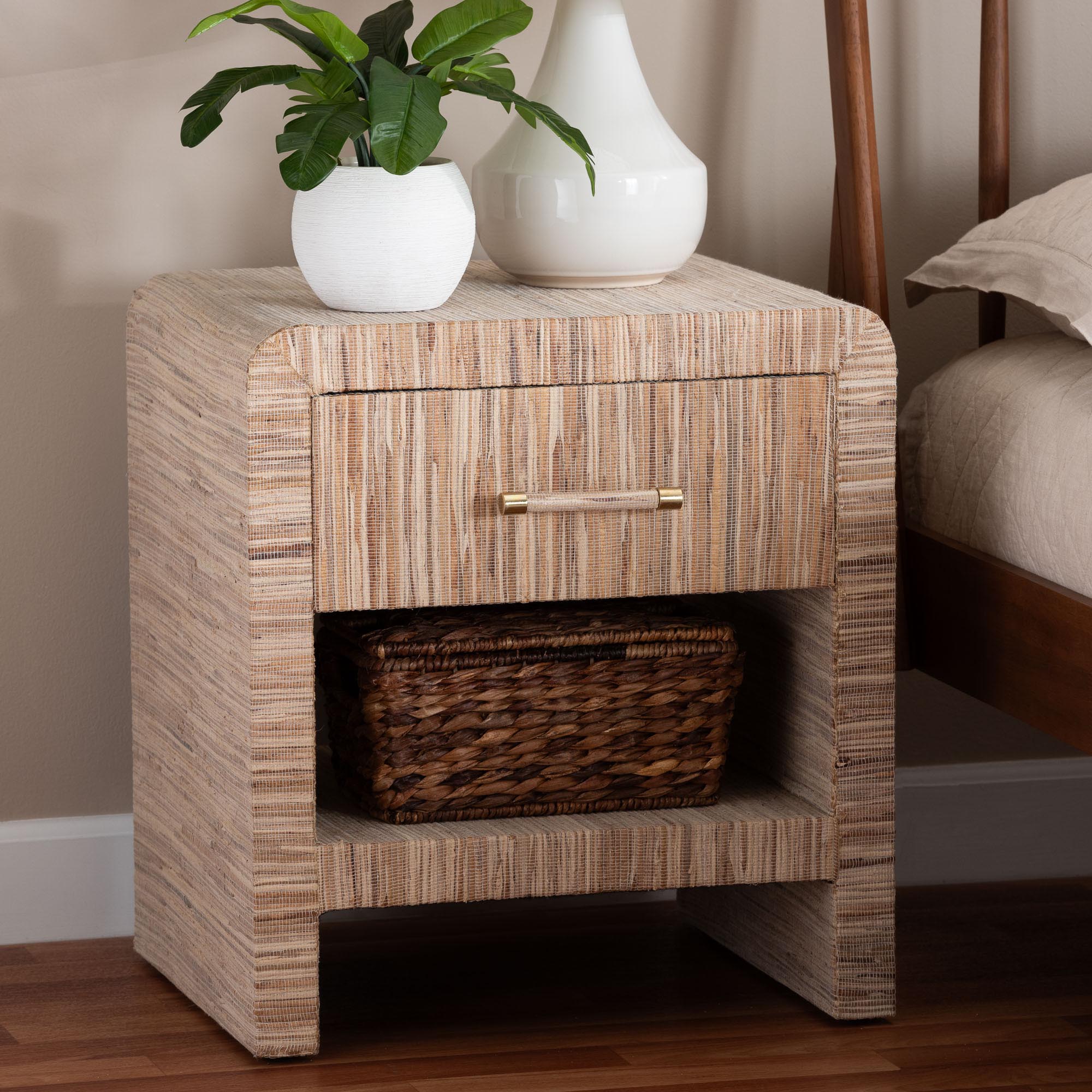 bali & pari Callan Bohemian Woven Natural Grasscloth 1-Drawer Nightstand