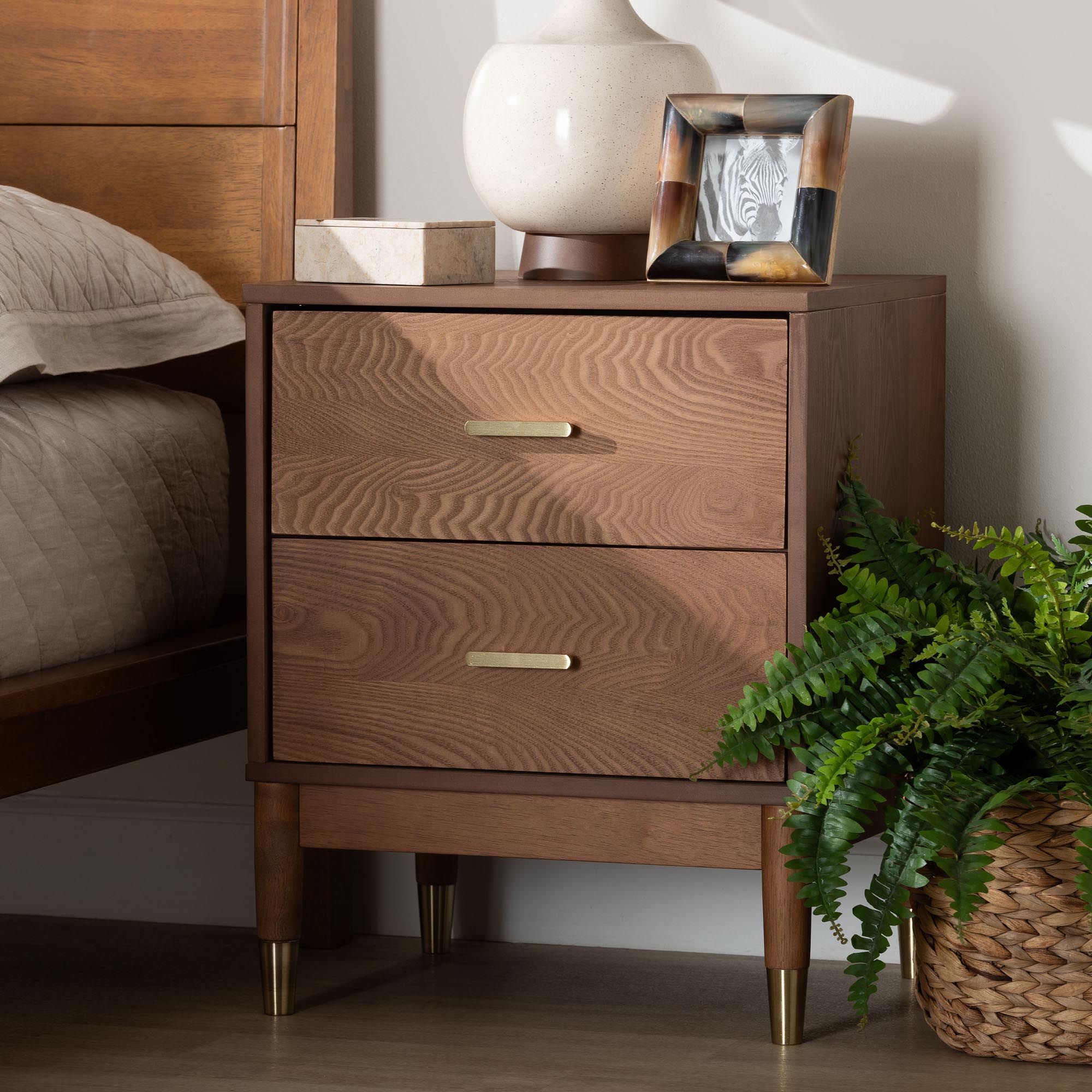 Baxton Studio Mandolin Mid-Century Ash Walnut Wood 2-Drawer Nightstand